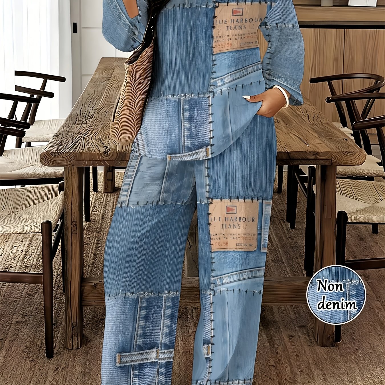 TEMU Conjunto de 2 piezas para mujer de talla grande, con estampado de de mezclilla, parte superior estampada y pantalones casuales, sin , impresión