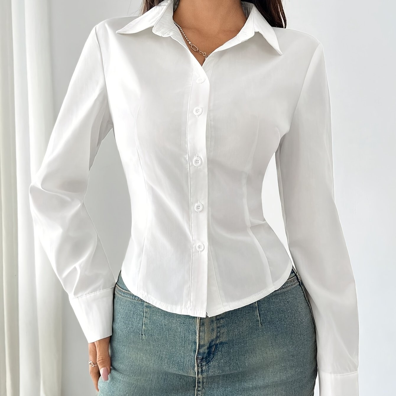 E-shop Elegantes Damenhemd in Unifarben - Polyester, Reverskragen, Maschinenwaschbar, Elegante Hemden für Neujahr