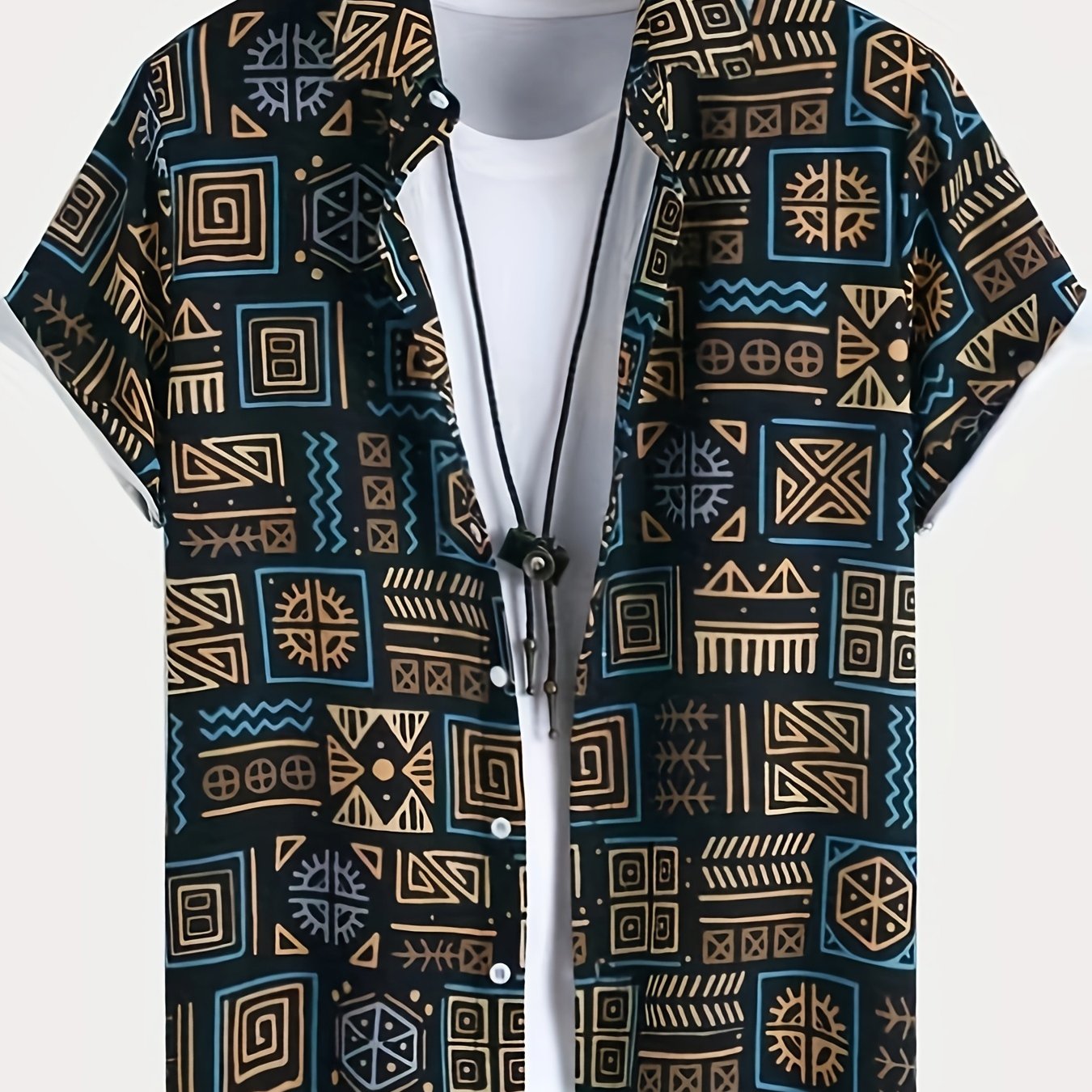 TEMU 2026 's Vintage Tribal Ethnic Graffiti Print Short Sleeve Button- Shirt, An Ideal Gift
