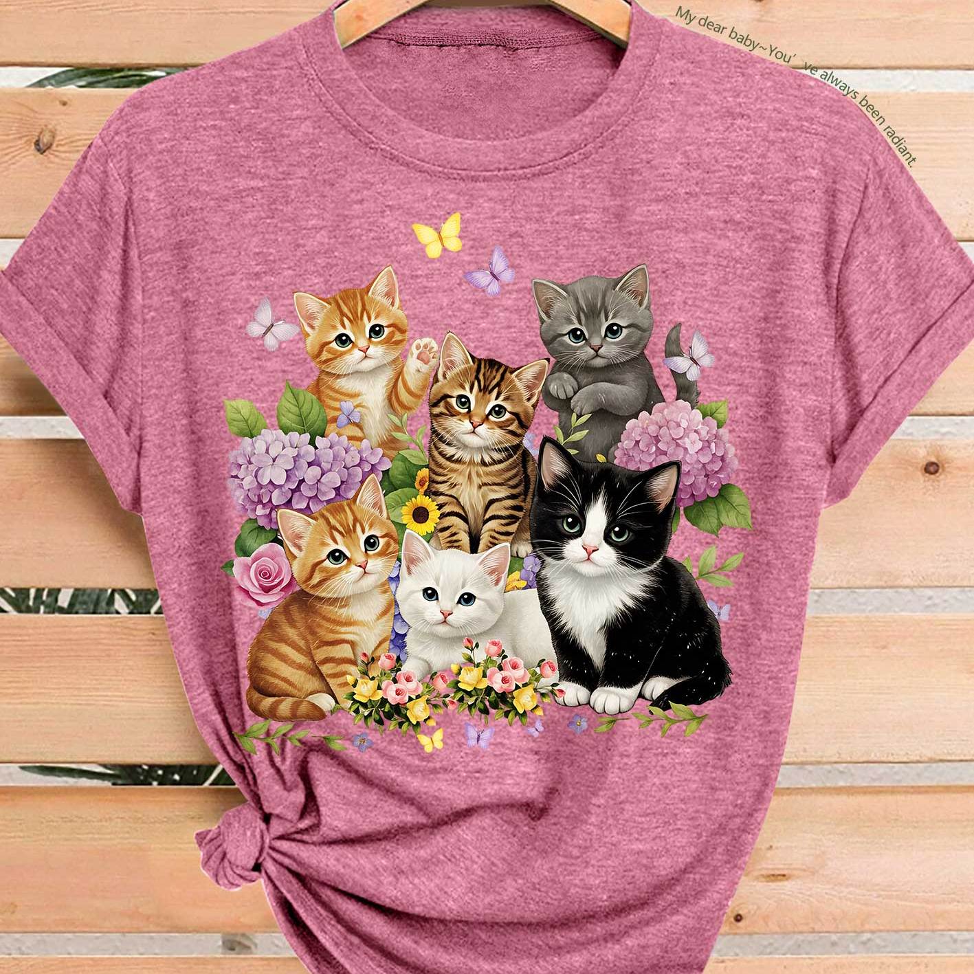 TEMU New Summer Women's T-shirt With Cute Cat And Hydrangea Embroidery Print, Perfect For Daily , Commuting, Vacations, And Summer Travel. Elegant