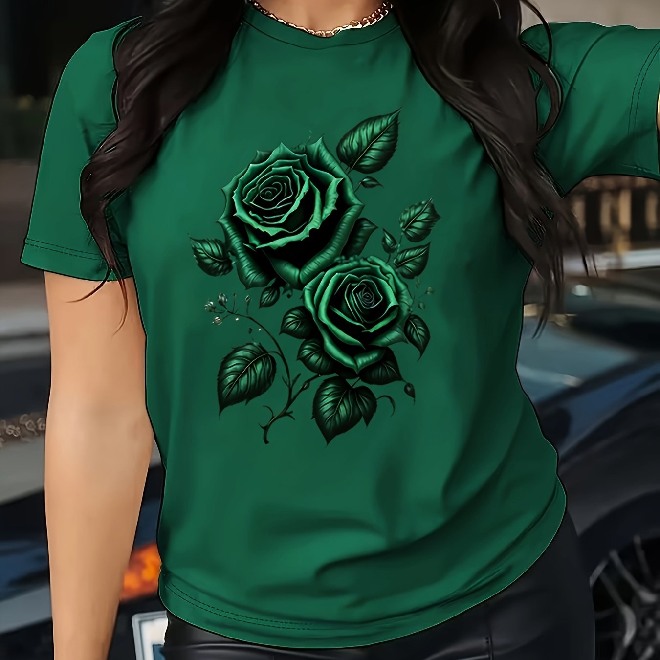 TEMU T-shirt semi-transparent à imprimé roses pour femme/Convient t-shirt style blouse - Haut à manches courtes et col ras du cou à motif, blouse de