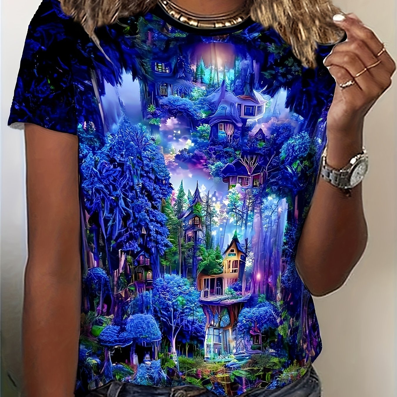 TEMU Mystical Blue : An Fantasy Print Short-sleeve Shirt Featuring Floating And Shimmering Secret Realms