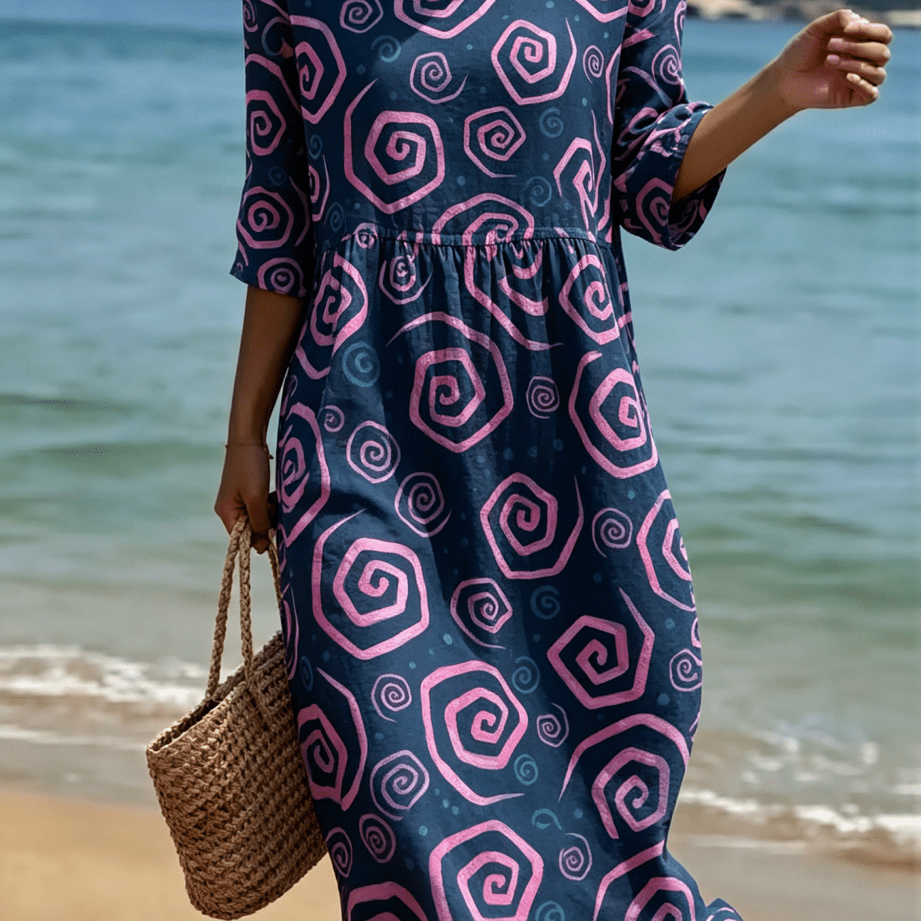 2026 New Women's Dress Spiral Geometric Pattern Casual Round Neck Summer Dress Suitable For Beach Vacations Summer Carnivals Everyday Wear And Weekend Machine Washable