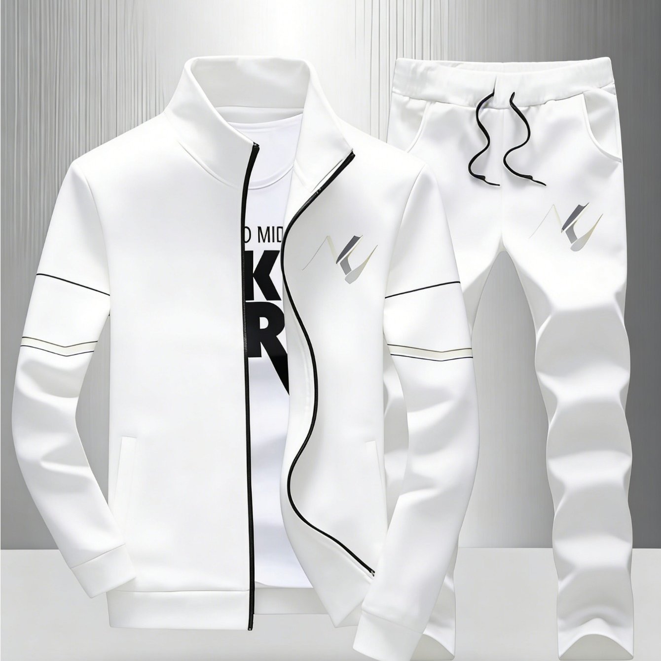 Image of 2 Piece Men's Casual Sports Stand Collar Zipper Jacket And Pants Sweatsuit Set With Geometric Stripe Sleeves And Abstract Print, Made Of Polyester, Matching Tracksuit For Daily Wear And Commuting