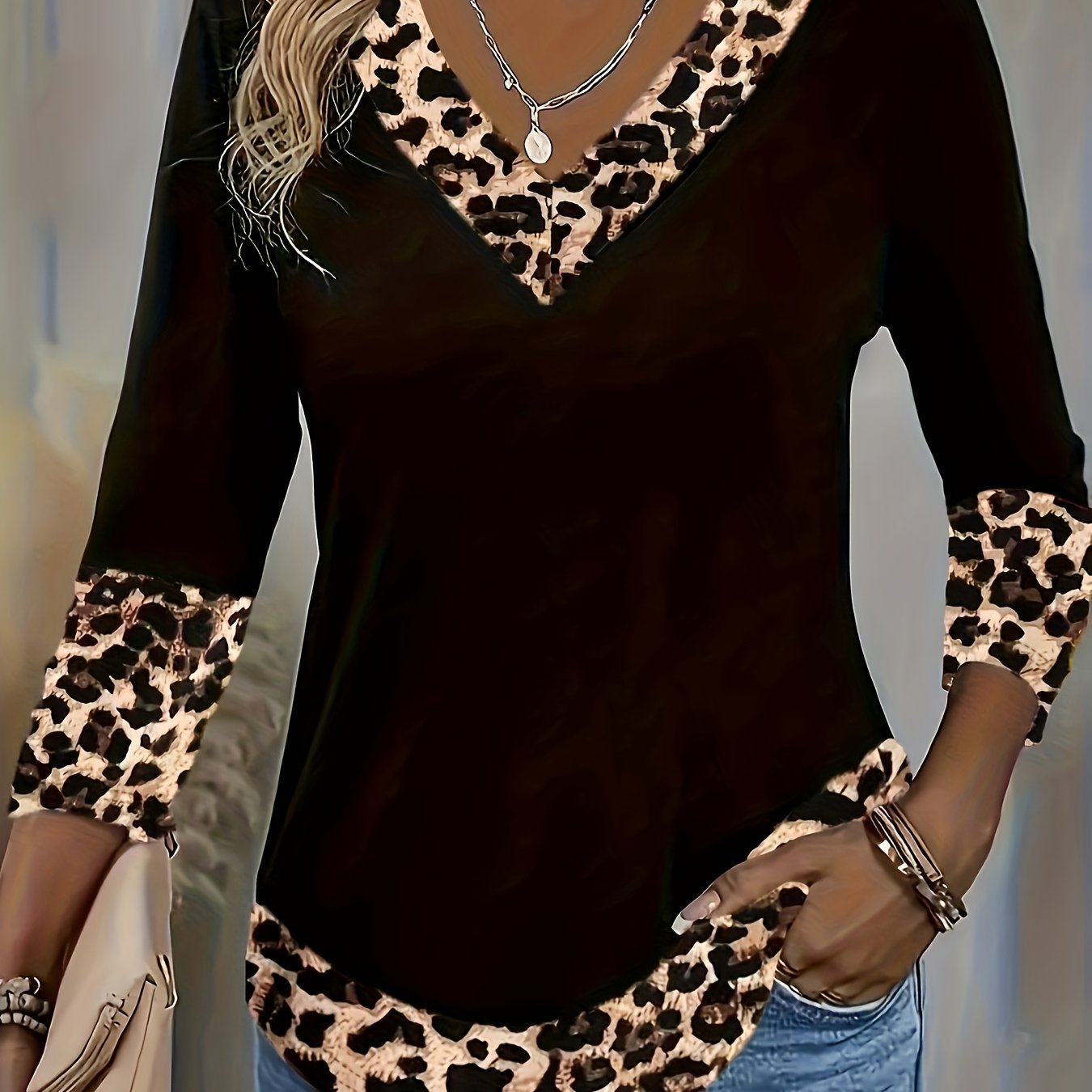 TEMU Women's Fashion Spring/autumn Three-quarter Sleeve Leopard Print T-shirt Top