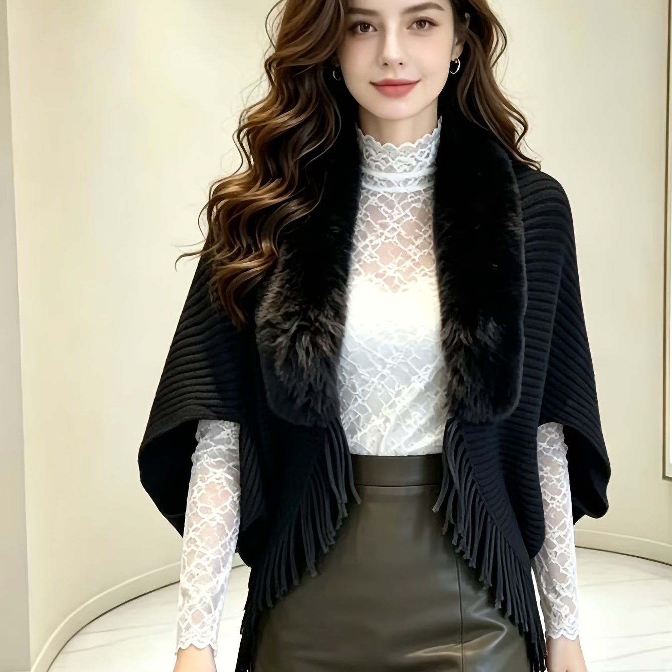 TEMU Women's Cardigan - Autumn Winter Elegant Warm Tassel Puff Shawl, New Loose Temperament Fashion Outerwear Cardigan Jacket - Suitable For Casual,