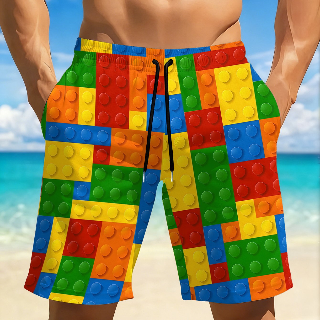 TEMU Men's Quick-drying Breathable Beach Shorts, Featuring Colorful Printed Designs, Elastic Waistband With Drawstring, And Pockets, Shorts Are