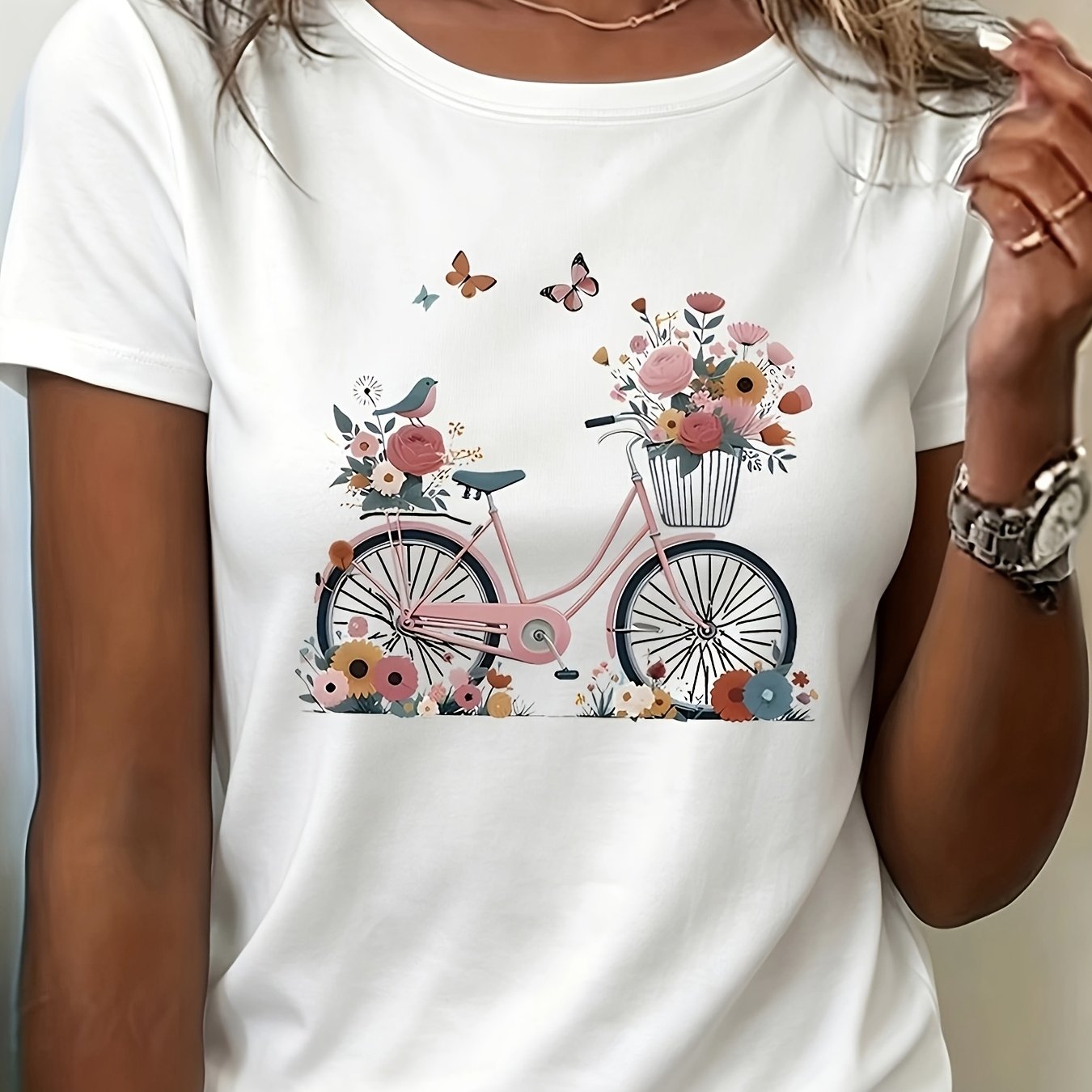 TEMU Summer All-match Women's Short Sleeve T-shirt, Fresh Preppy Style Women's Loose T-shirt, Floral Bicycle Pattern Printed T-shirt