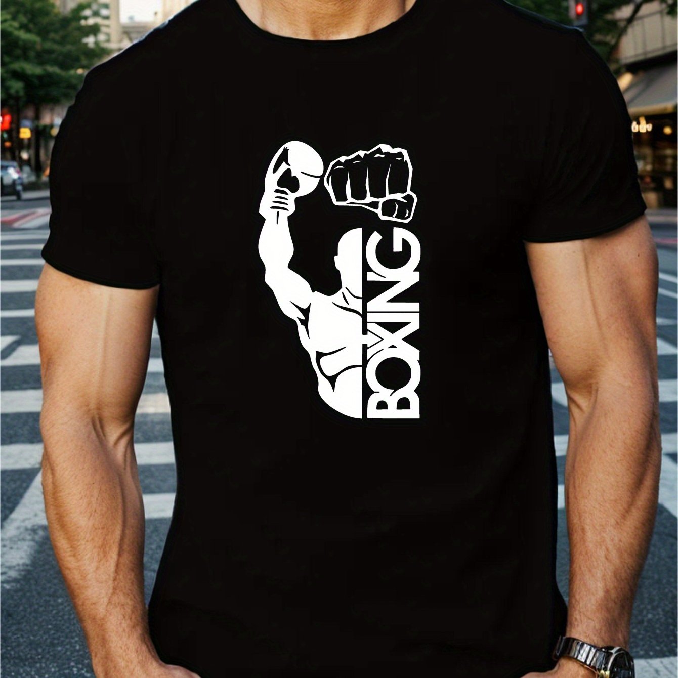 TEMU Boxing Print Men's Short Sleeve T-shirts, Comfy Casual Elastic Crew Neck Tops For Men's Outdoor Activities