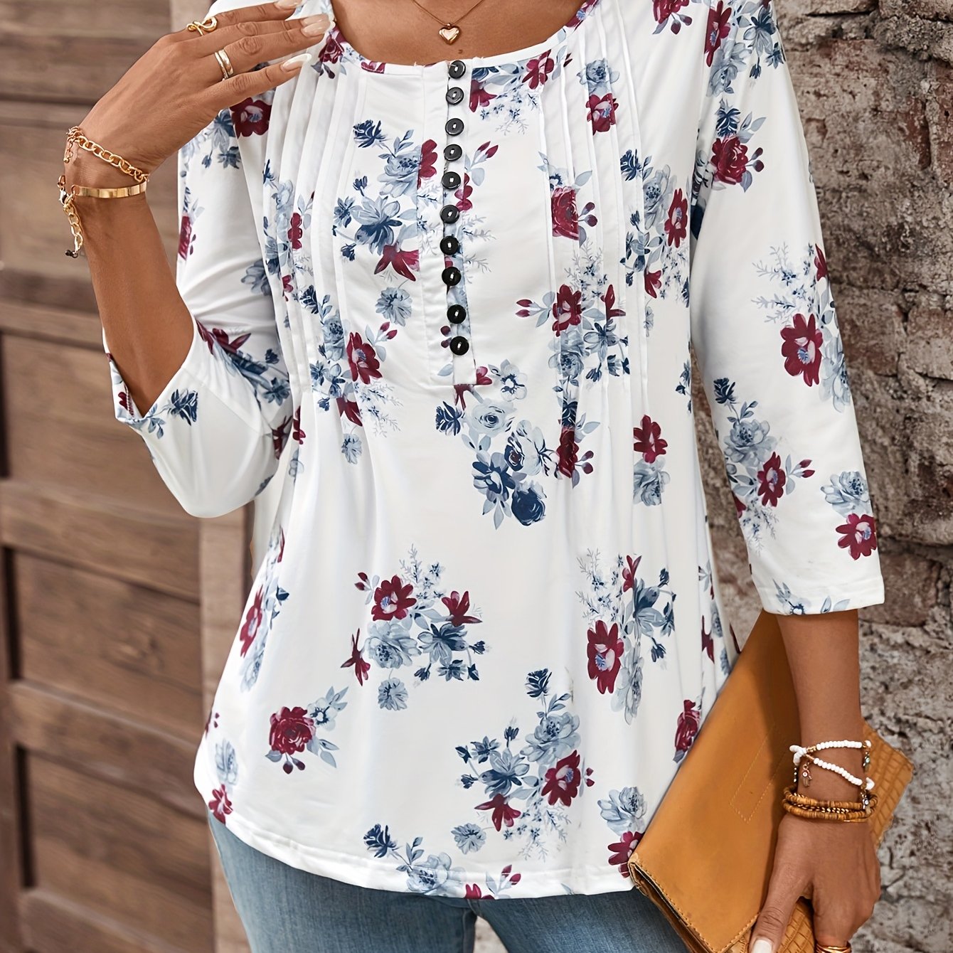 E-shop 092 Damen Hemd mit weißen Blumenmuster, Streifen und 3/4 Ärmeln