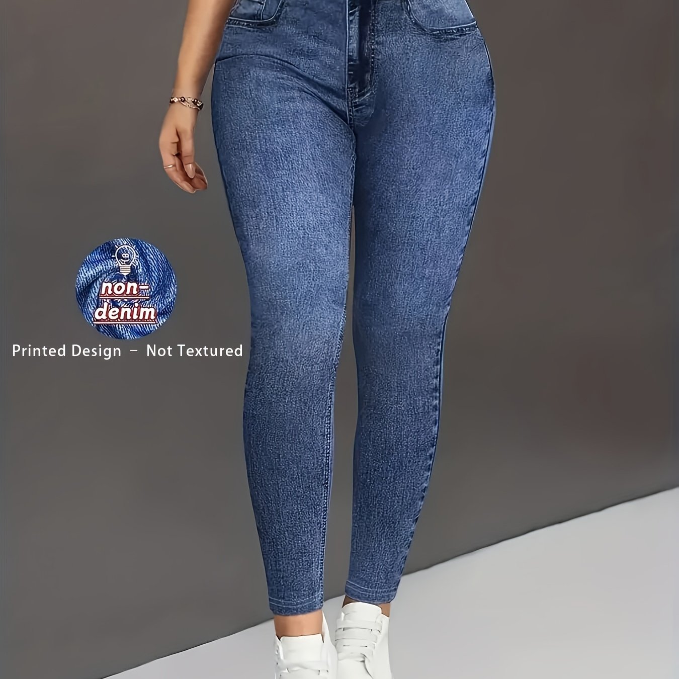 TEMU [printed Pants - Not Denim Fabric] Printed Legging - Not Denim Fabric Women's High-waisted Multi-button Denim-look Print Pants - Tummy Control