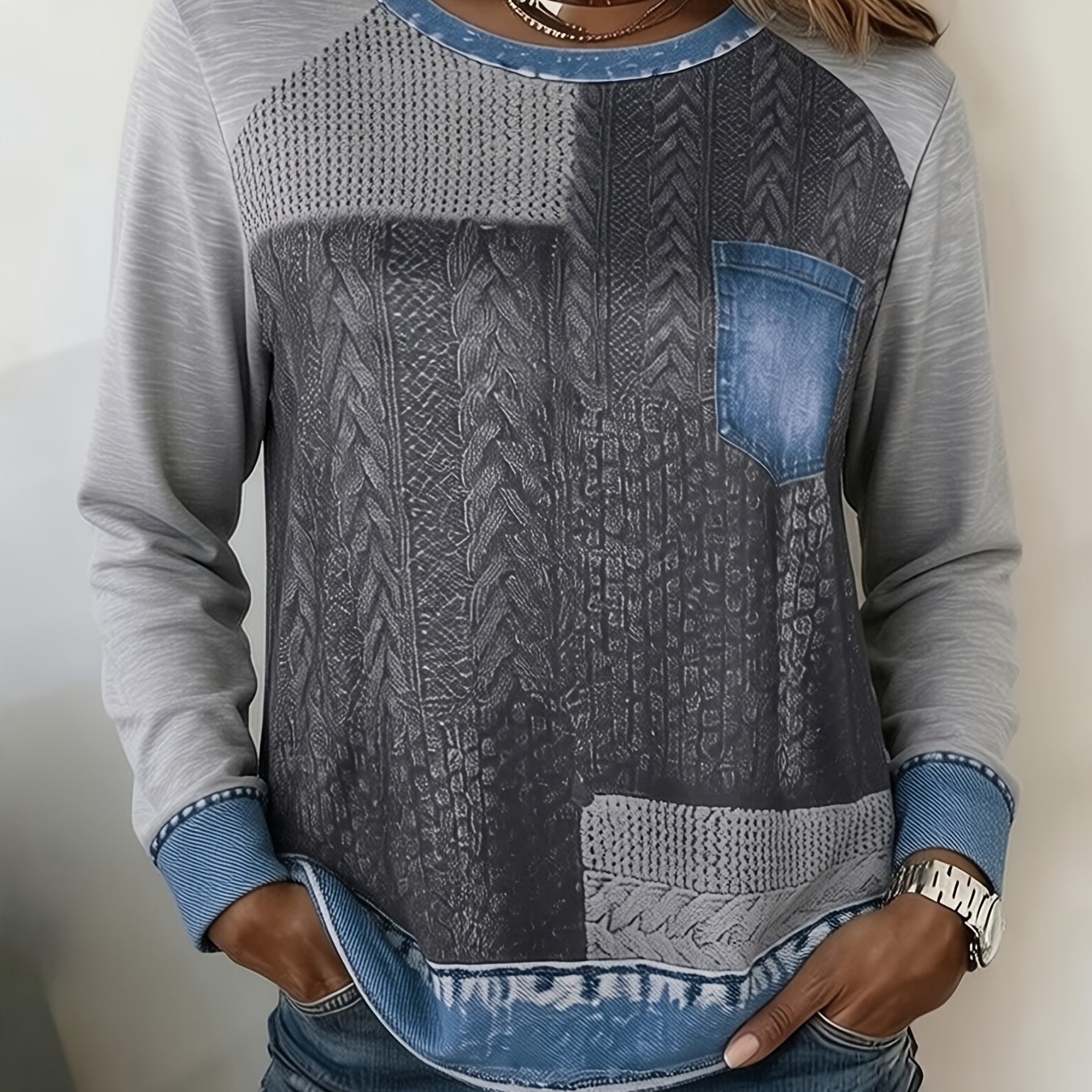 Image of Plus Size - Plus Size - Casual Plus-size Women's Long-sleeve T-shirt Featuring Artistic Prints, Ideal For Autumn And Winter, Made From Comfortable Fabric Suitable For Everyday Wear