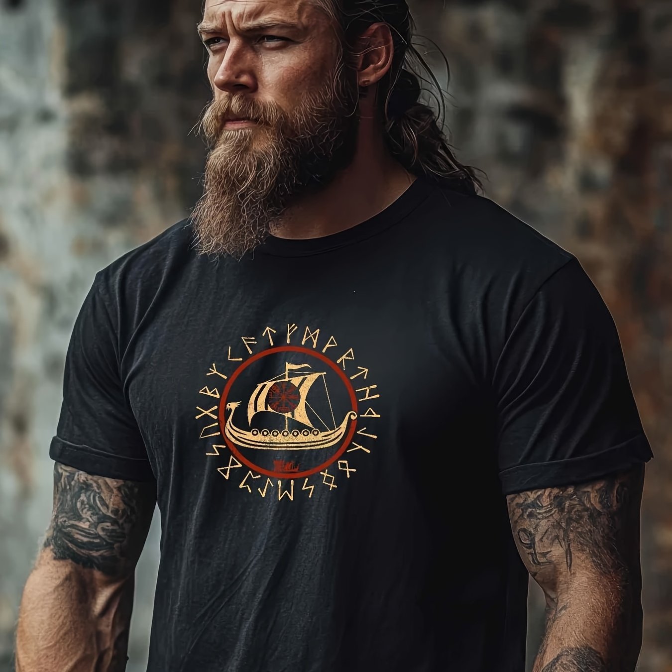 Image of Wikinger Premiumshirt With And Drachenboot Design Nordic Viking Wear, Casual Crew Neck, Stretch Fabric, Regular Fit, Print Pattern, Perfect For Men