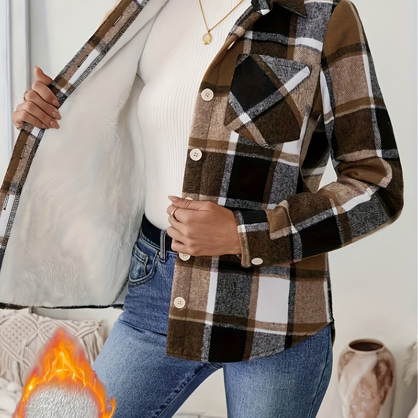 TEMU Veste à carreaux pour femme, doublée pour la chaleur, à boutonnés avec poches, chemise décontractée à imprimé écossais épais, veste-chemise