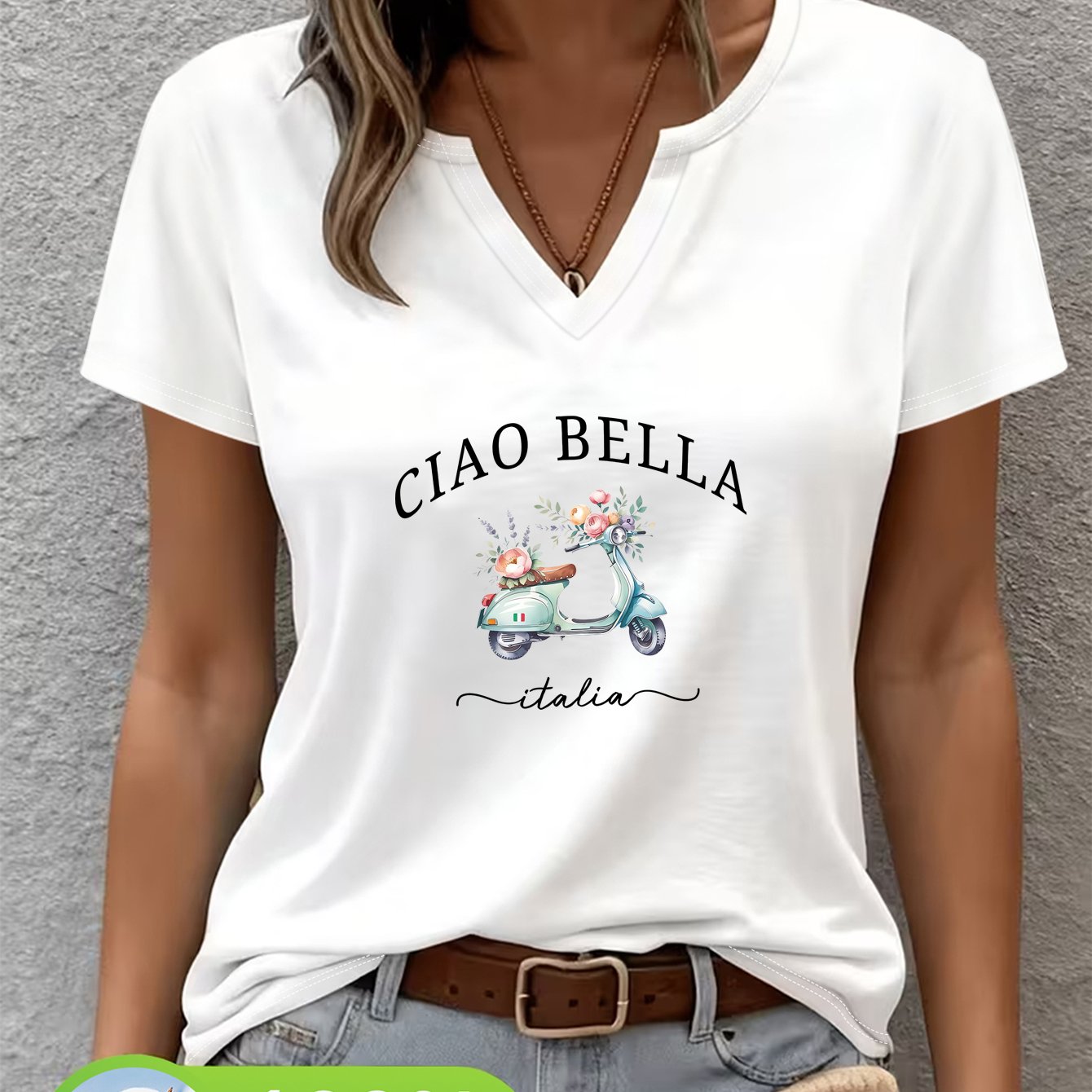 TEMU Women's Spring/summer Fashion Casual 100% Short Sleeve V-neck T-shirt, Featuring Bella Letter Print With A Vintage Scooter And Floral Pattern. A