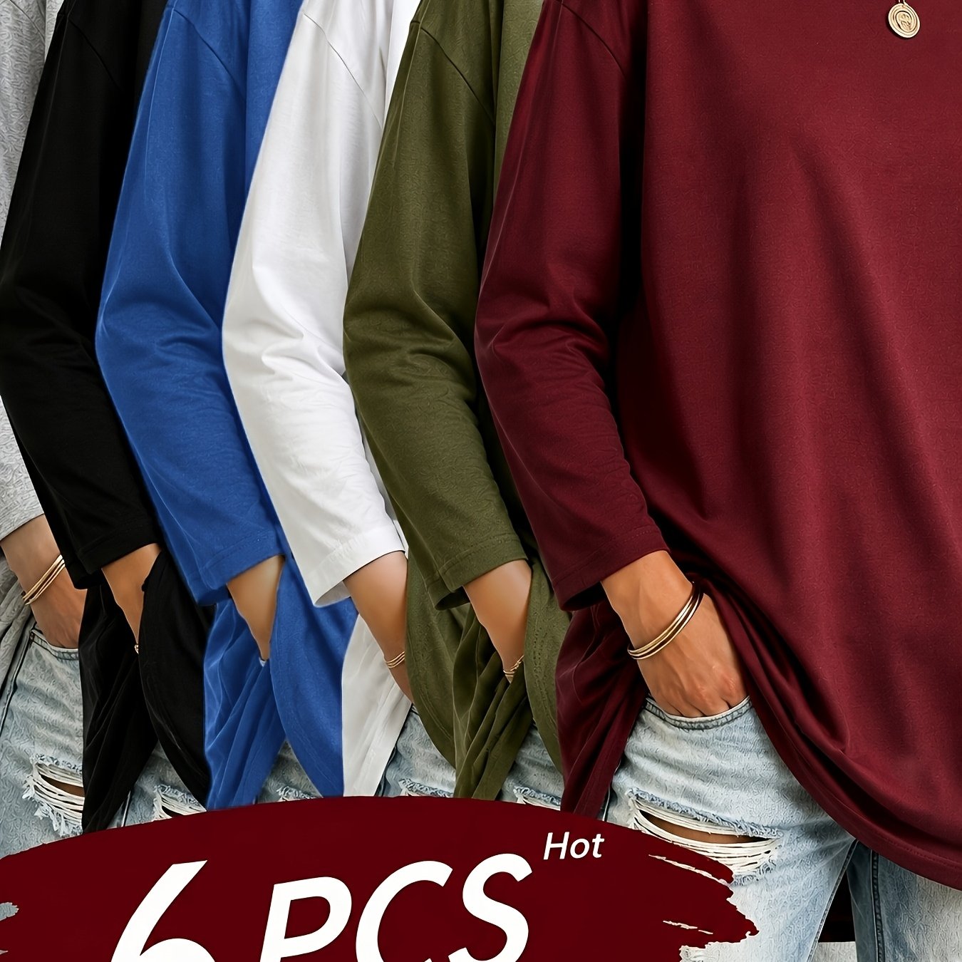 TEMU Okp Women's Plus Size 6pcs Long Sleeve Athletic Tops, Loose Fit 100% Polyester Mesh Moisture-wicking Crew Neck Shirts For Volleyball, Soccer,
