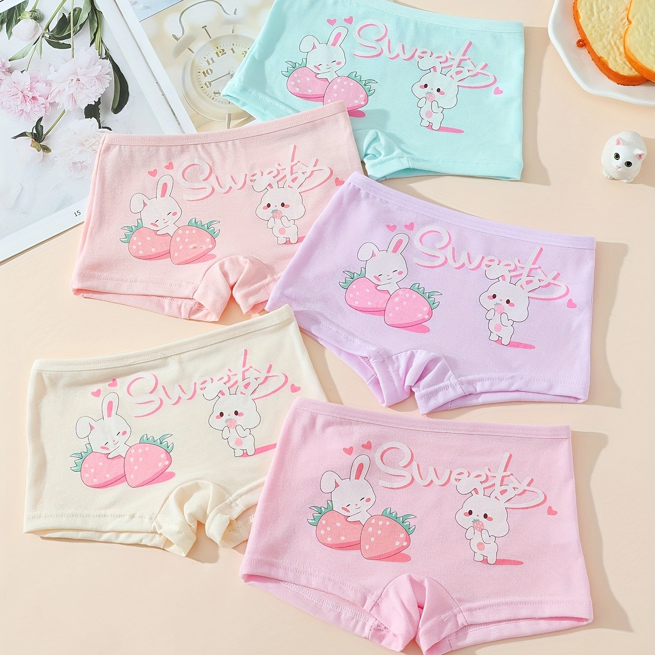 5 Pairs Of Cute Rabbit Comfortable Soft Girls Boxer Briefs