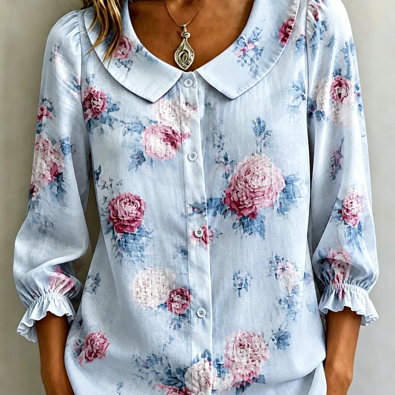 Image of Plus Size, (print Design- Texture Free) New Arrival Women' Collar Three-quarter Sleeve Shirt With Print Of Peony On Light Comfortable And Breathable Casual Ideal Gift For Women(only The Shirt)