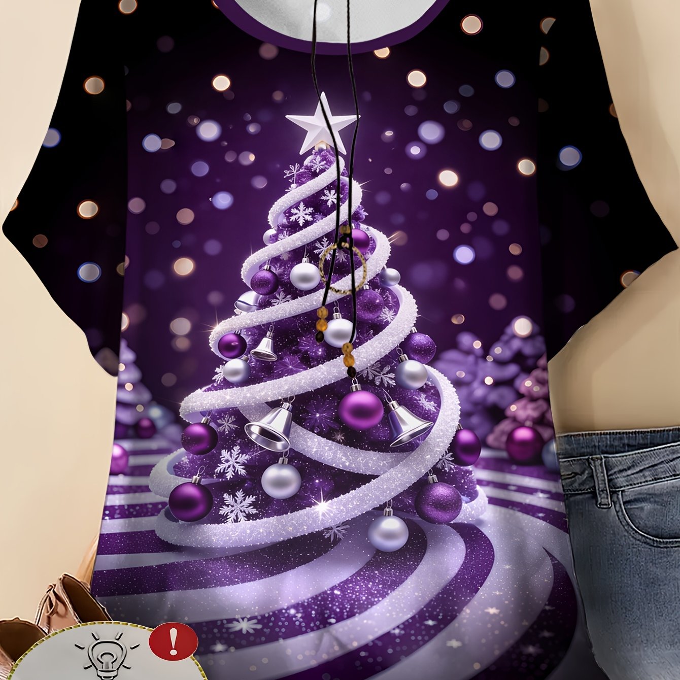 TEMU Plus Size, Women's Elegant Purple Christmas Tree T-shirt - Short-sleeve Round Neck -compatible Top With Medium-stretch Fabric, Machine Washable