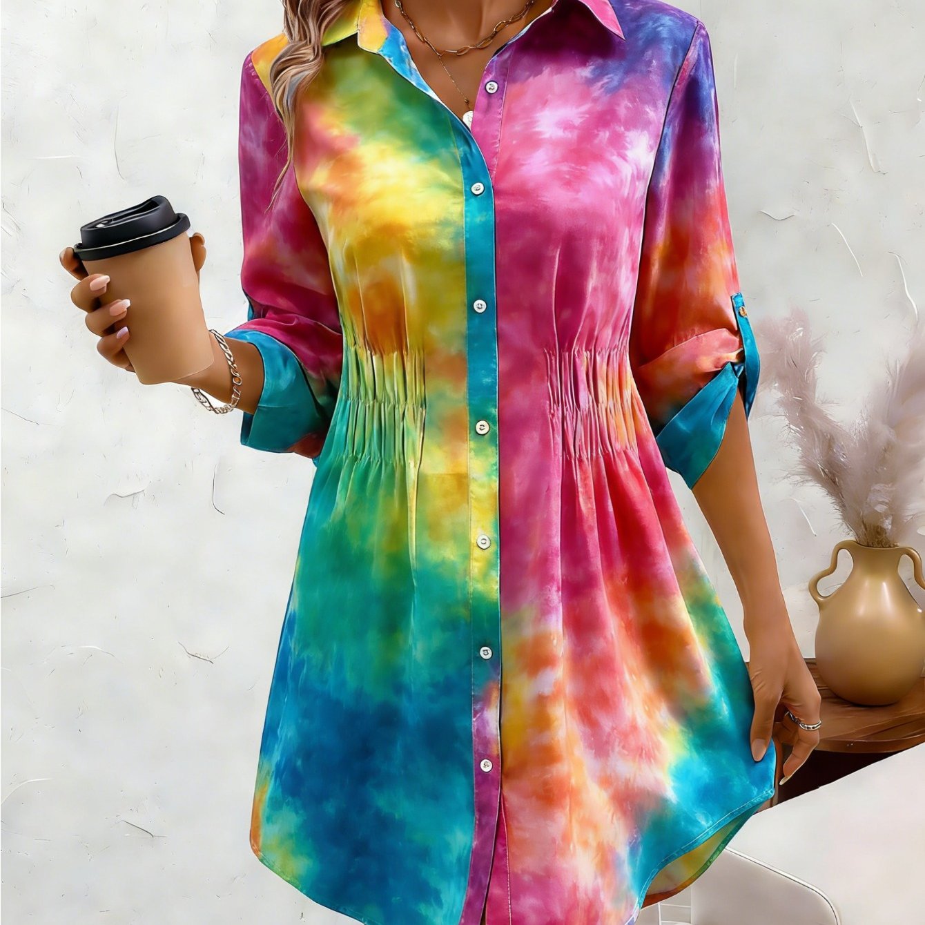 Image of Women' Tie-dye Color-block Long-sleeve Shirt Dress - With A Fitted Waist, Roll-up Sleeves, Perfect For Spring And Autumn Commuting, Stylish, Trendy, And Ideal For Vacation