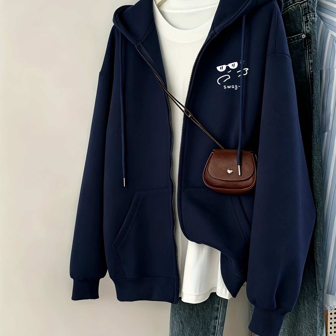 TEMU Women's Fashion Glasses Print Pattern Zip-up Hooded Sweatshirt - Women's Hooded Zip-up Jacket, Y2k Fashion Cardigan Sweatshirt Jacket, Suitable