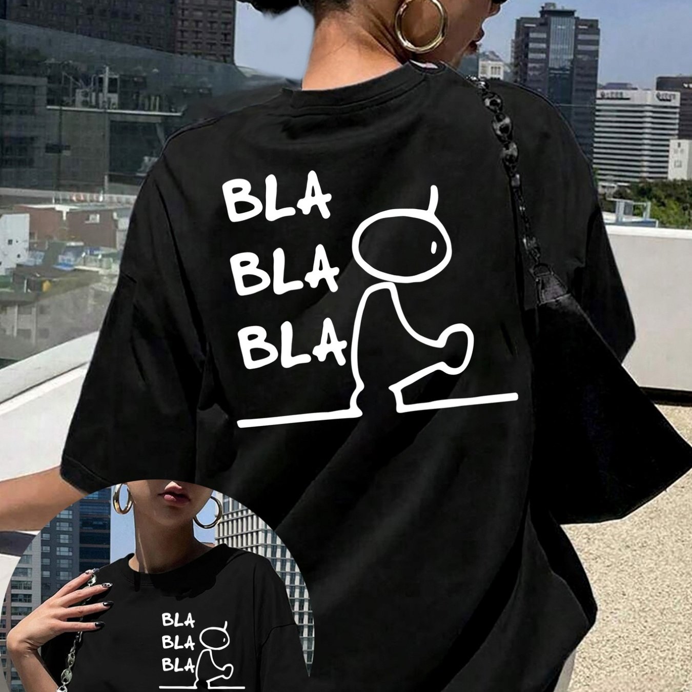 TEMU Front And Back Printed Short-sleeve T-shirt - Bla, Print Crew Neck Short-sleeve T-shirt - Stylish, Comfortable, Breathable, And Casual, A