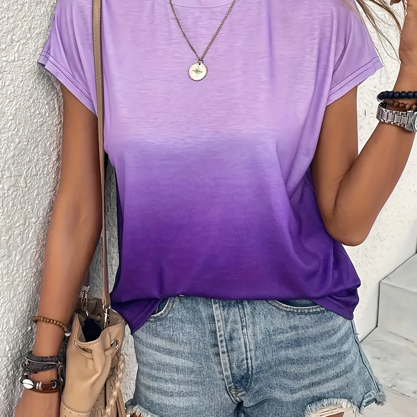 E-shop Damen Mode Casual Weiches Sommer Gradient Print Rundhals Kurzarm T-Shirt, Atmungsaktives Material für den