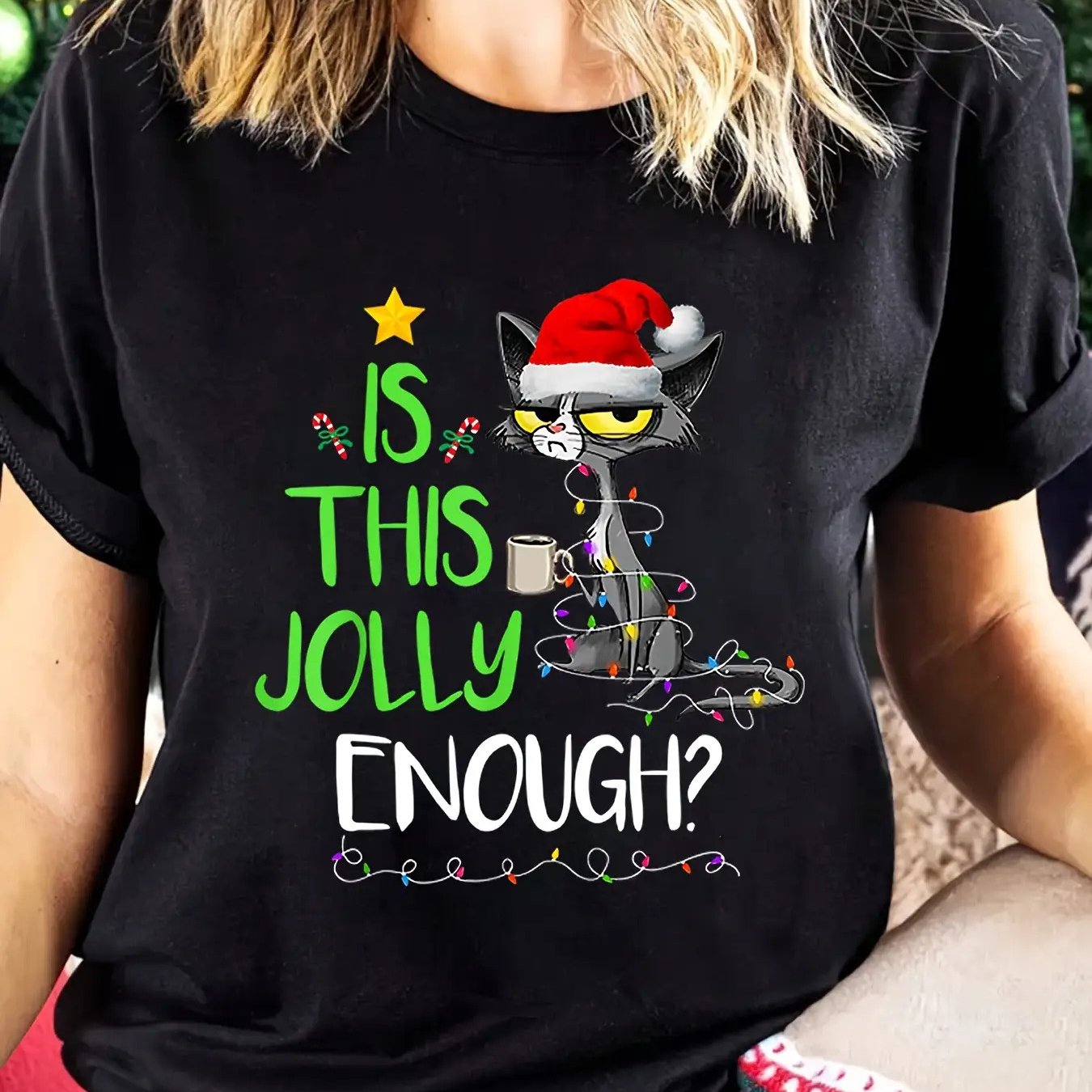 TEMU Plus Size, Holiday Women's Tee - Humorous 'is This Enough?' Graphic Shirt Featuring Santa Hat And Cat Illustration - White Crew Neck For Festive