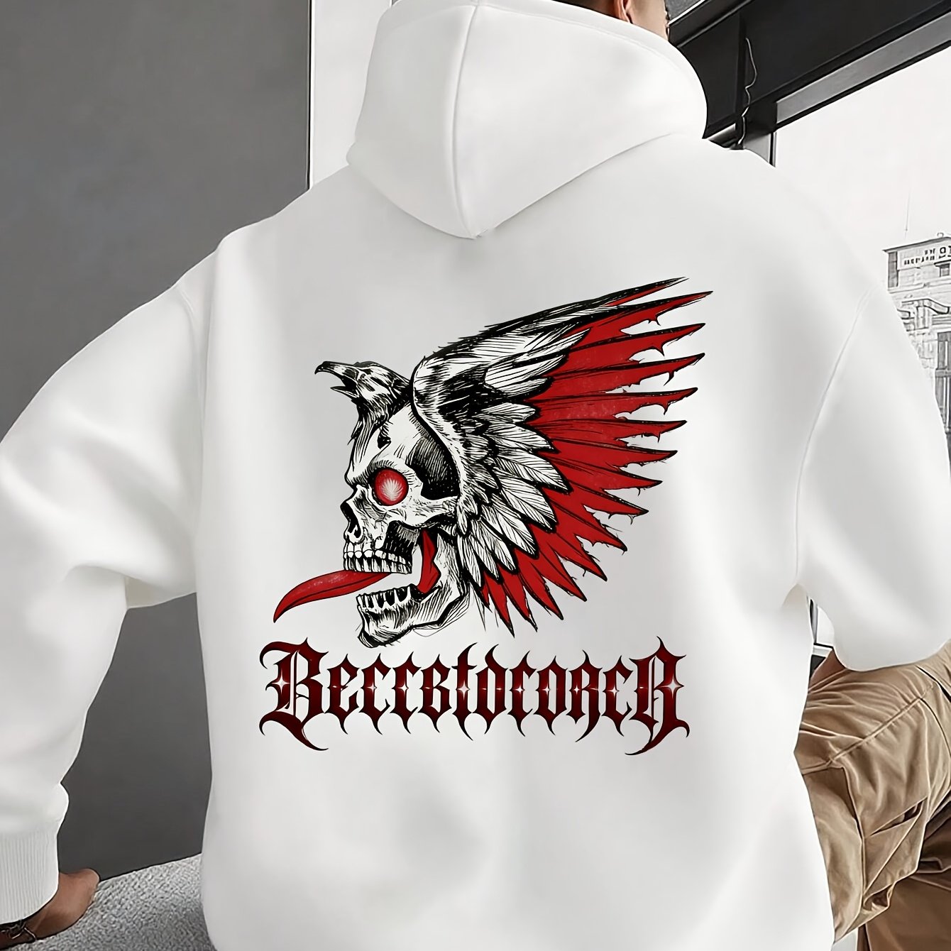 TEMU Men's Autumn/winter Letter, Skull, And Eagle Print Pattern -lined Hooded Sweatshirt, Versatile Sporty Casual Loose Fit Hoodie