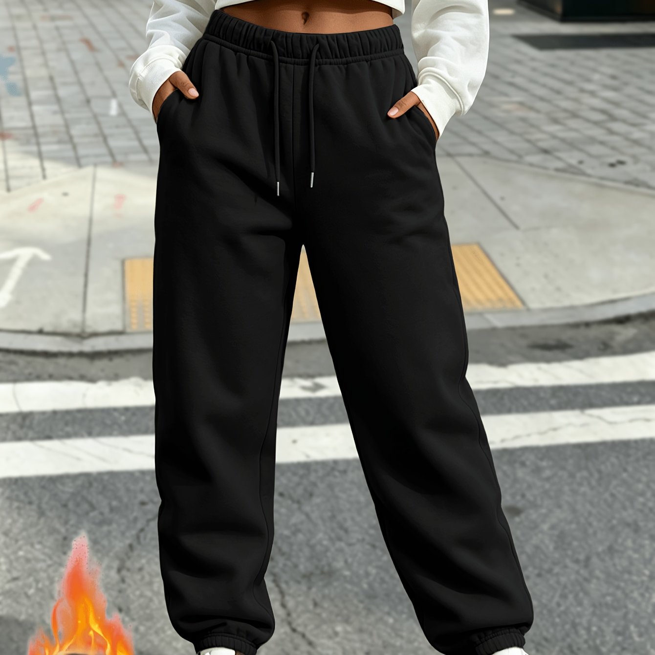 TEMU Autumn Winter Casual Solid Color Women's Long Pants, , With Drawstring And Pockets, Thickened And Fleece-lined, Warm And Cold-resistant Loose