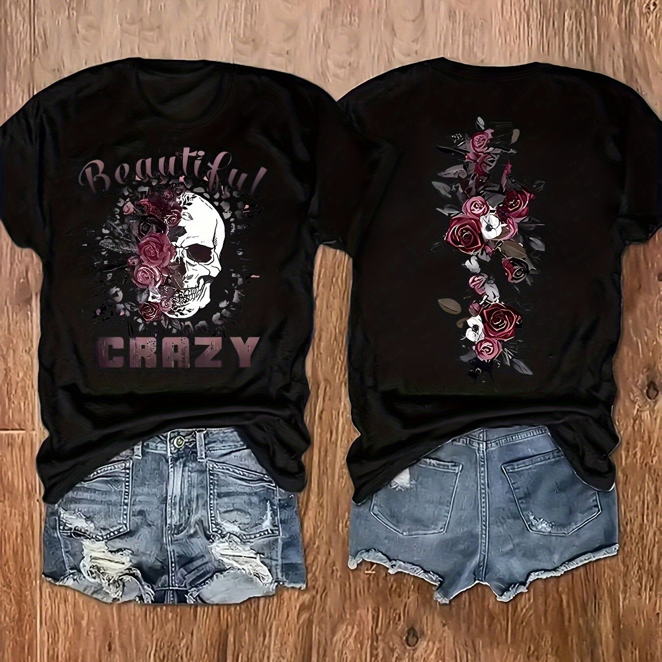 TEMU Women's Plus Size Graphic Letter Tee - Stretchy Polyester Blend, Machine Washable, Crew Neck, Short Sleeve - Fashionable Black Top