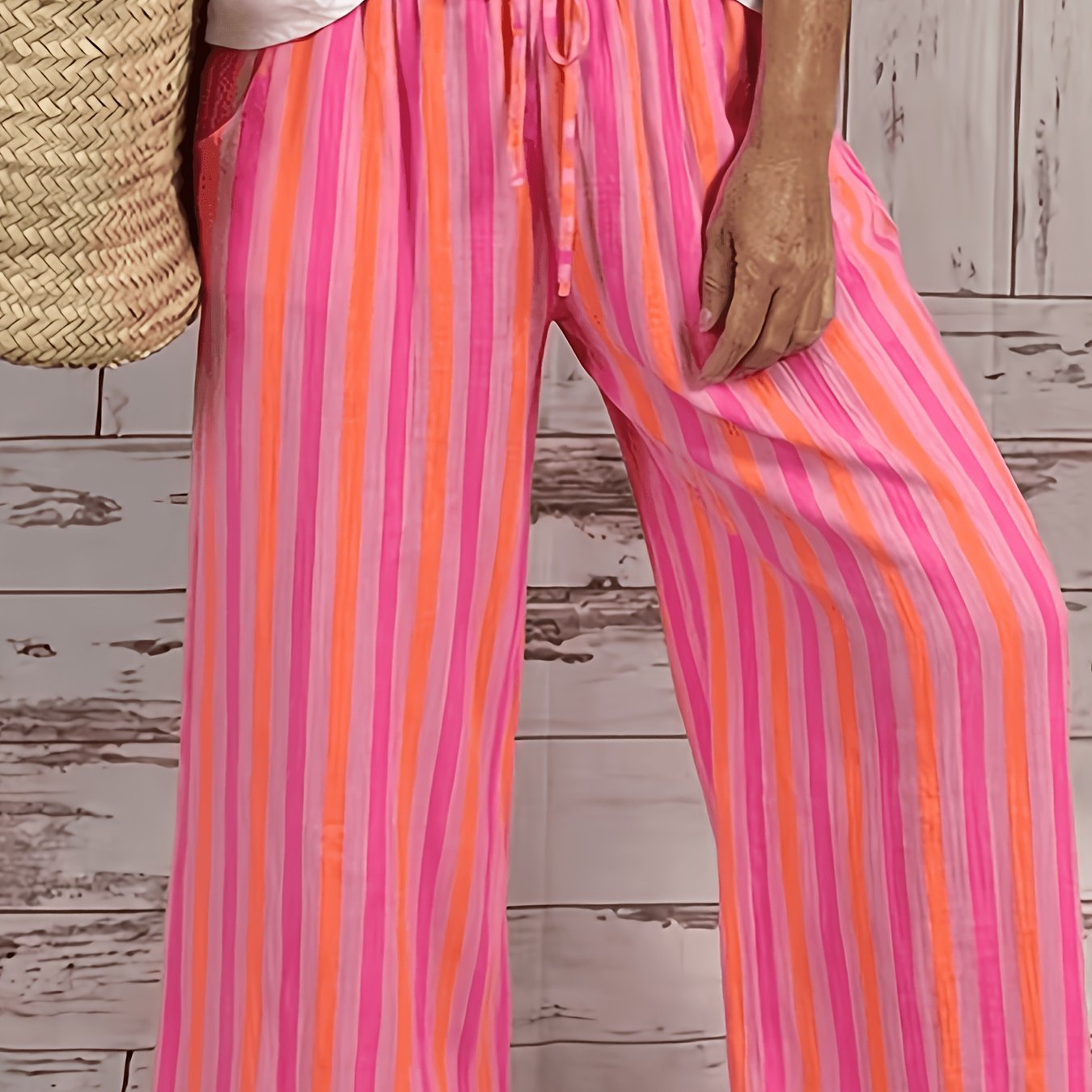 Women's Elastic Waist Drawstring Pinstripe Wide-leg Long Pants, Loose Casual Breathable Trousers For And Beachwear, Lldx