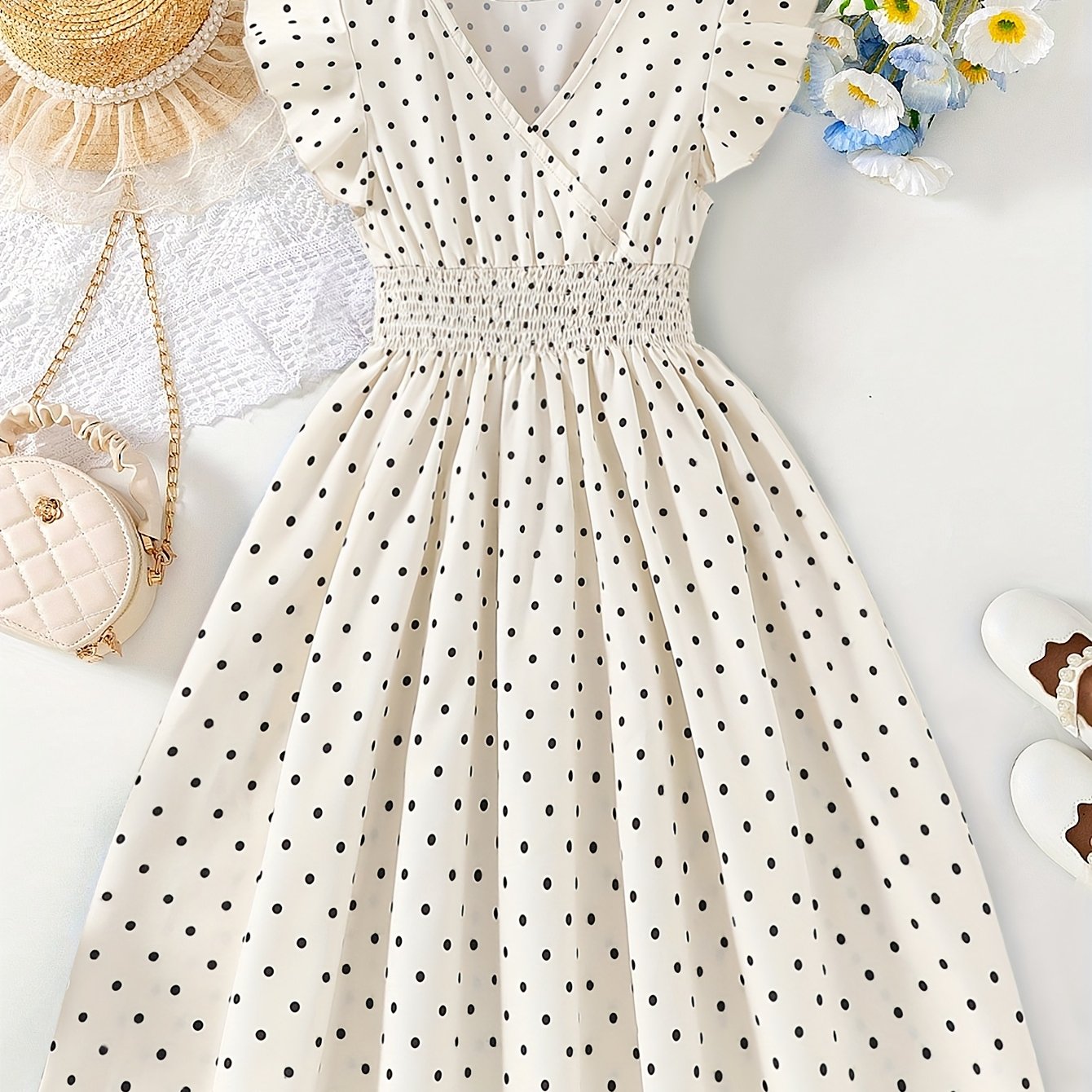 TEMU Girls' Polka Dot Dress Summer Thin Style Fashionable Internet Celebrity Street Style Flying Sleeve Vest Princess Dress Skirt Girls' Dress Summer