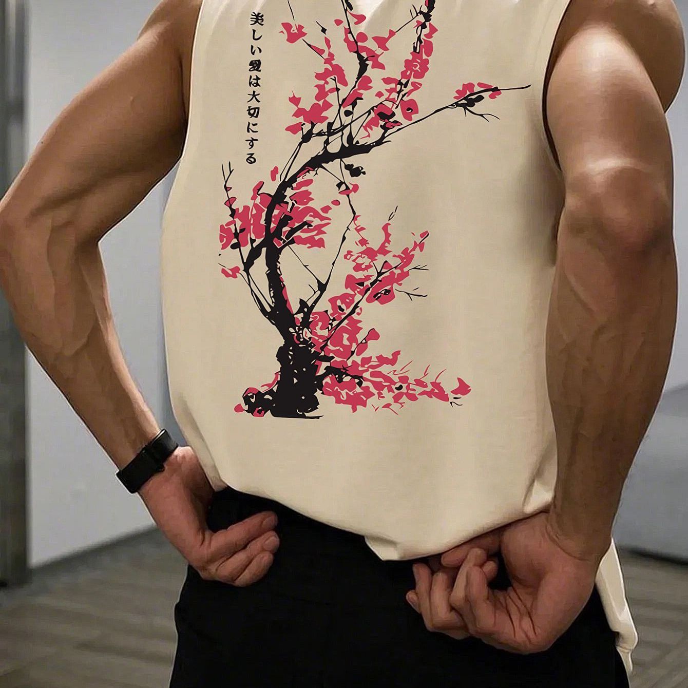 E-shop Lässiges Herren Sportweste, leichtes atmungsaktives Strickgewebe, japanisches und Baum-Musterdruck, Rundhals-ärmelloses Oberteil, geeignet für