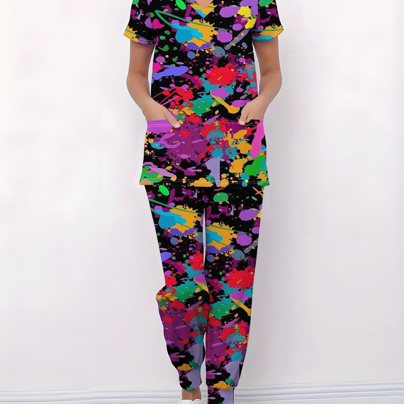 TEMU V-neck T-shirt Set, Comfortable And Elastic Fabric, Short Sleeve Work Uniform For Hairdressers, Pet Shops, Chefs, Doctors, And Nail Technicians,