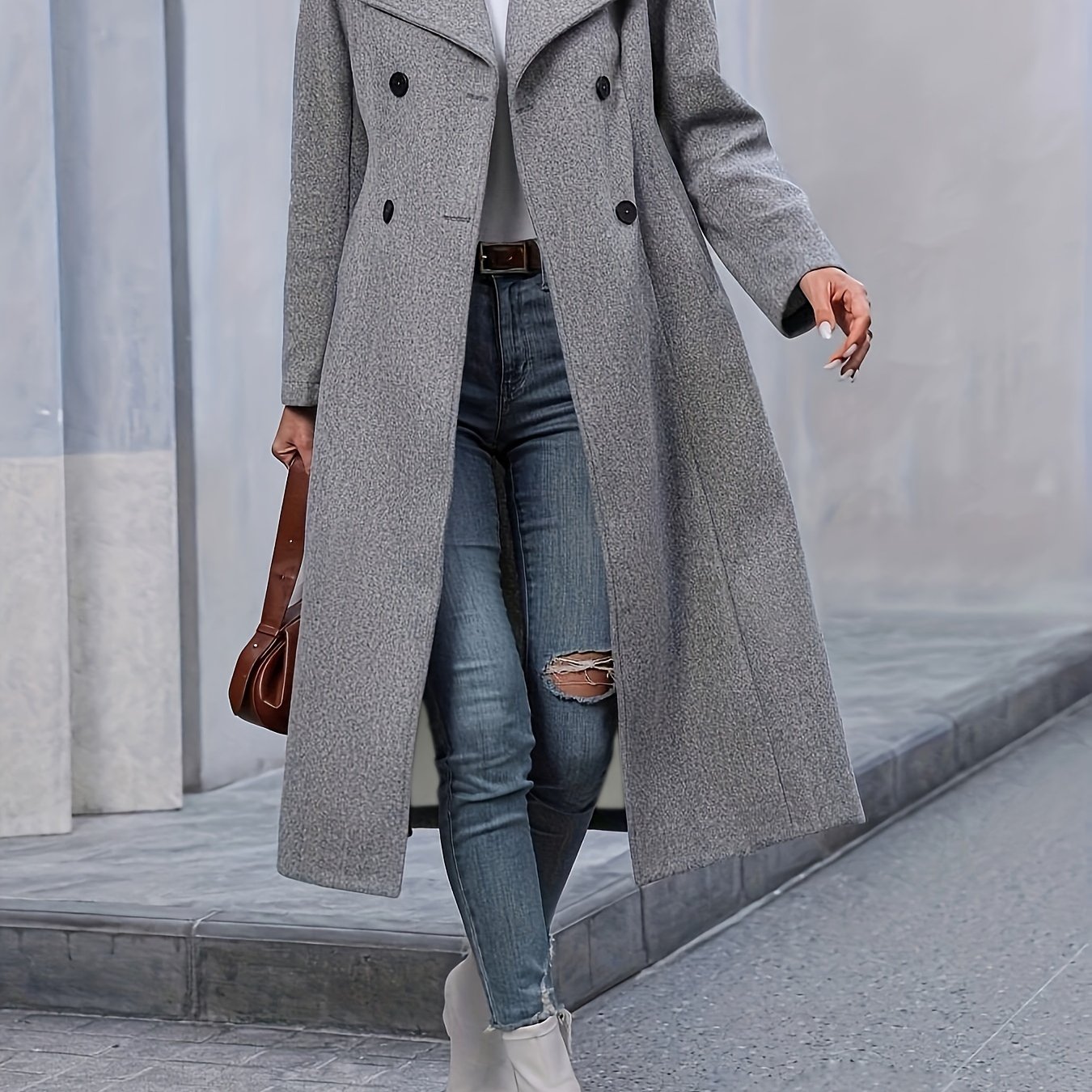 TEMU Elegant Double-breasted Knitted Coat For Women - Solid Color, Pockets, Non-stretch Polyester - Fall/winter