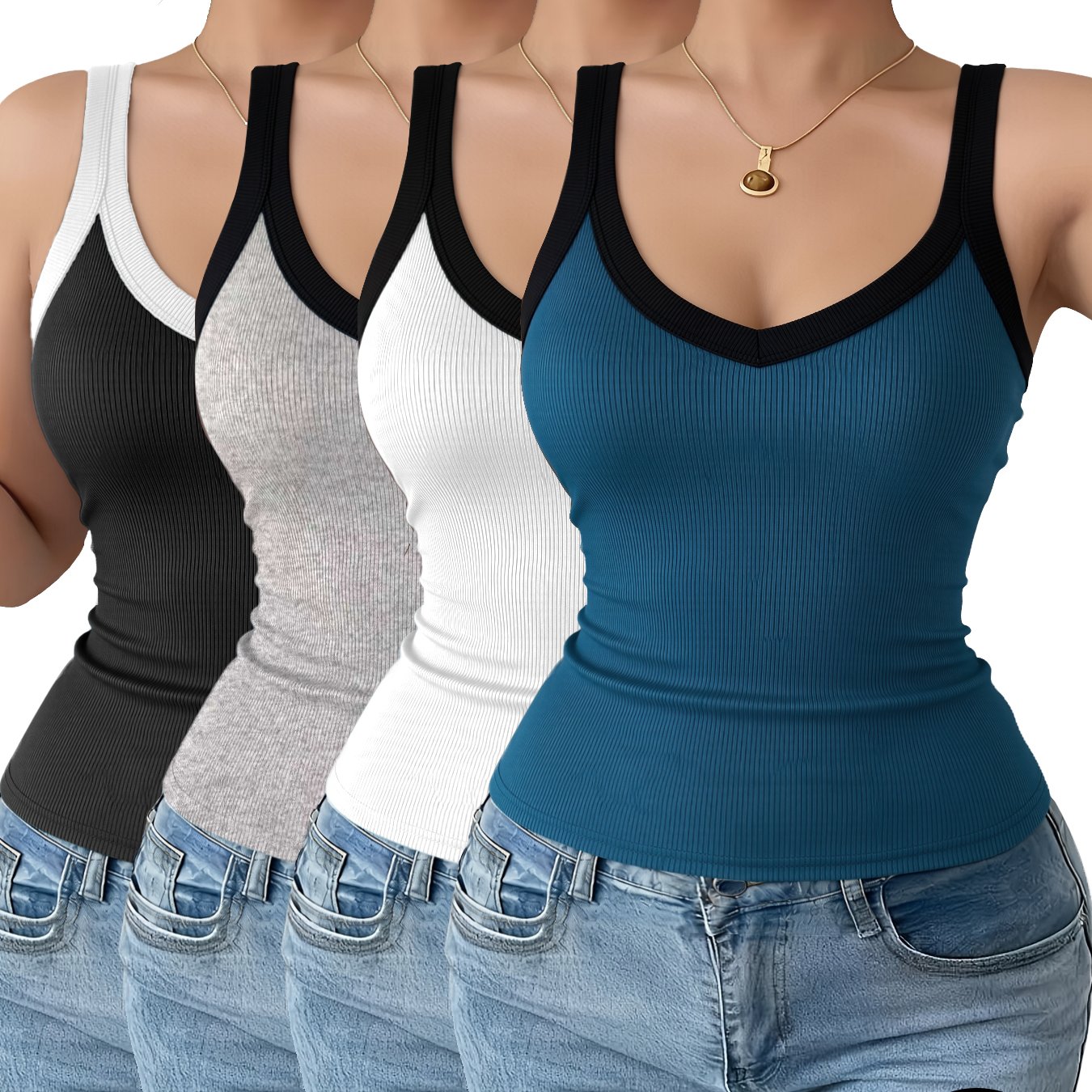 TEMU 4pcs Women's Ribbed Sleeveless Tank Tops, Slim Fit, High Stretch, Versatile, Breathable