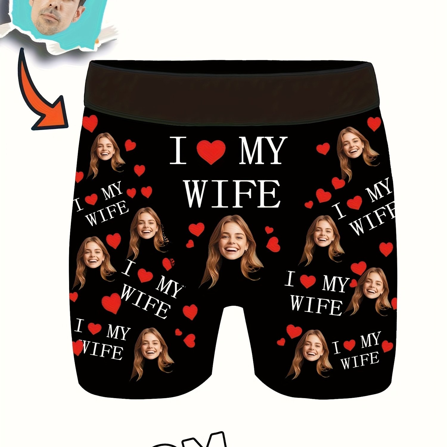 TEMU Sous-vêtements pour Homme Personnalisés avec Photo DIY, Noirs avec Portrait "J'aime ma femme" et Imprimé Cœur, Cadeau d'Anniversaire pour Mari