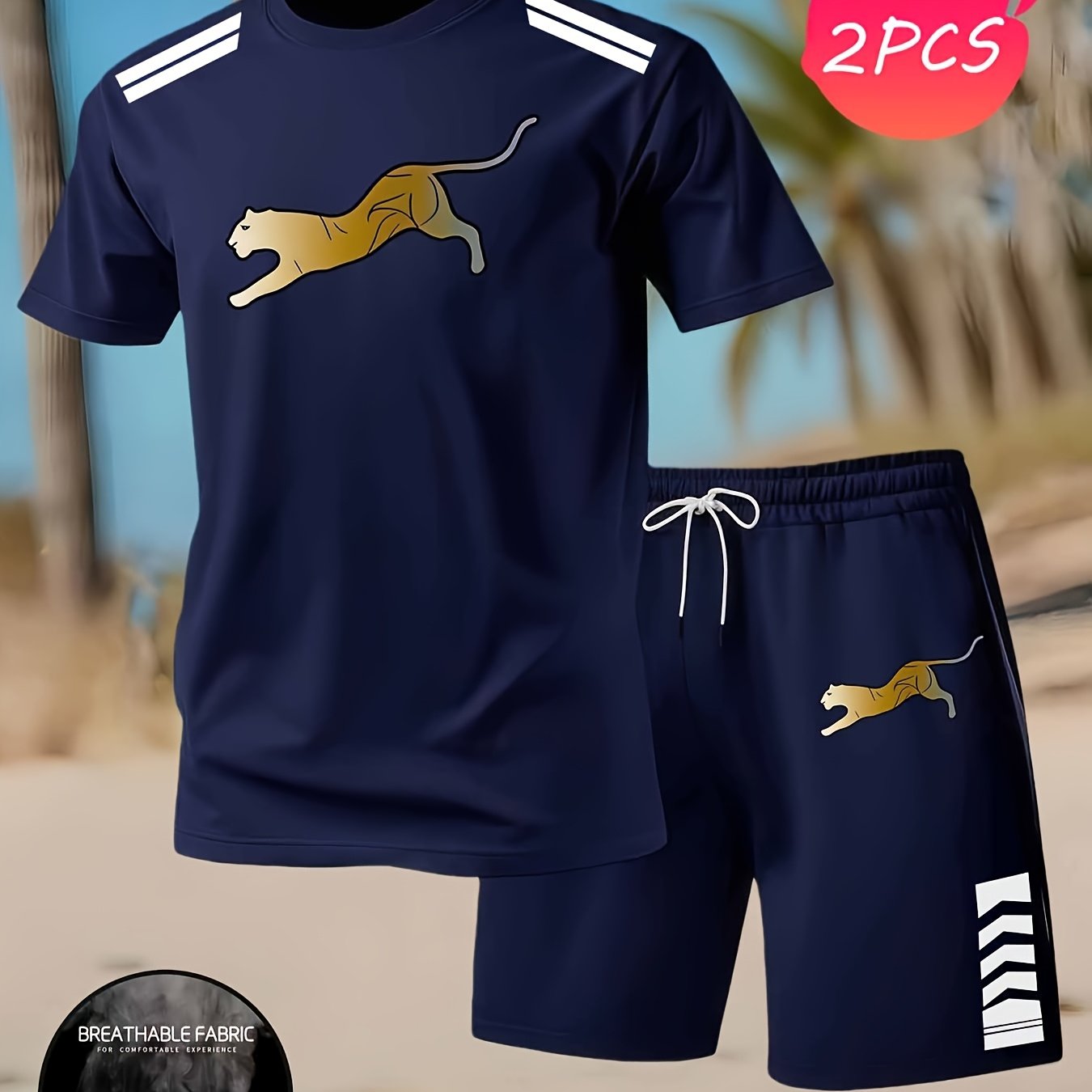 TEMU Men's T-shirt And Shorts Set, Fashionable And Elegant "leopard" Print T-shirt, Casual Men's T-shirt And Shorts 2pcs Set, Round Neck Short Sleeve