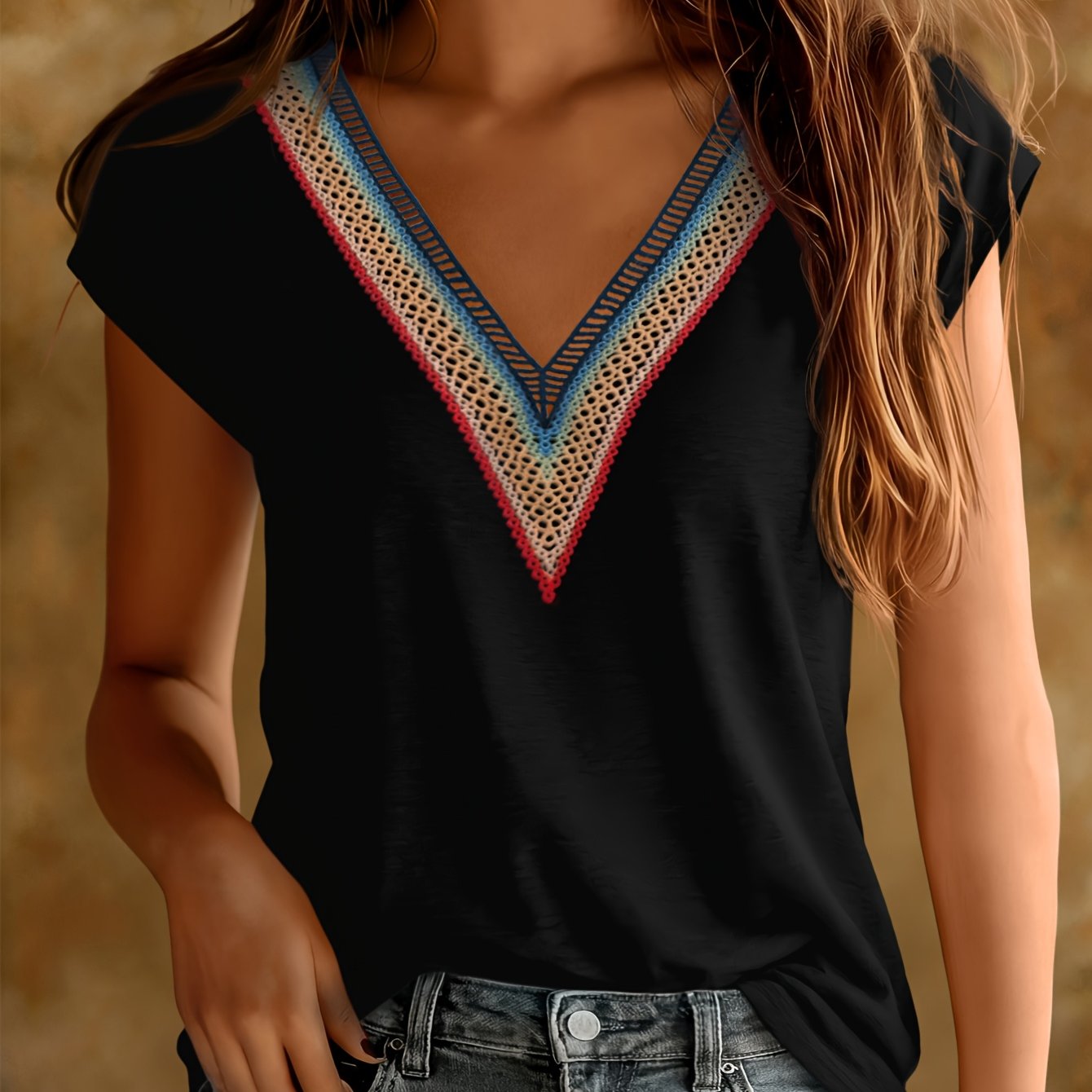 TEMU New Summer Casual Fashion Colorful V-neck Spliced Cover Sleeve Short Sleeve T-shirt