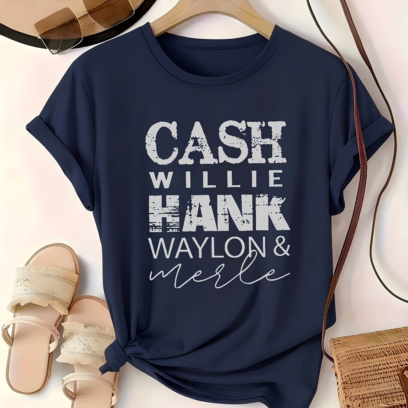 TEMU T-shirt à manches courtes et col rond multicolore pour femmes, imprimé de du country (Cash/Waylon Etc.), haut décontracté de style vintage usé