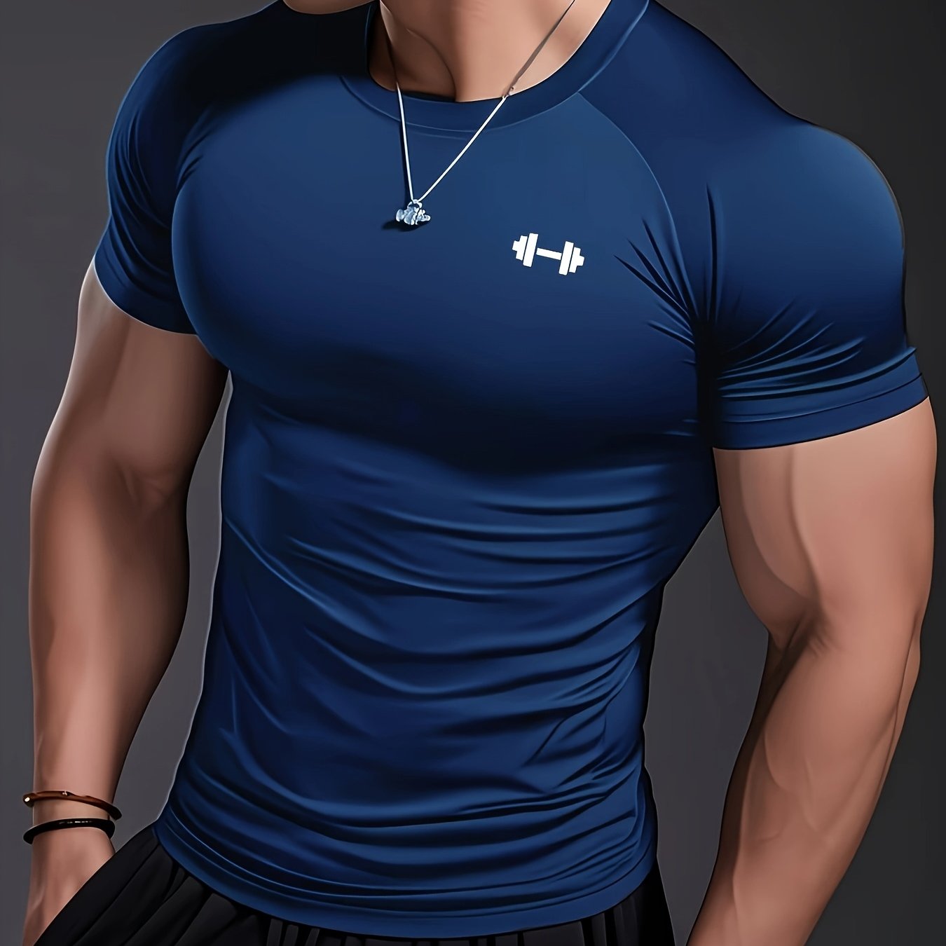 TEMU 1pc Men's Athletic Round Neck T-shirt - Quick-dry Fitness Top, Moisture-wicking Training Shirt With Barbell Design, Stretchy Fit For Running,