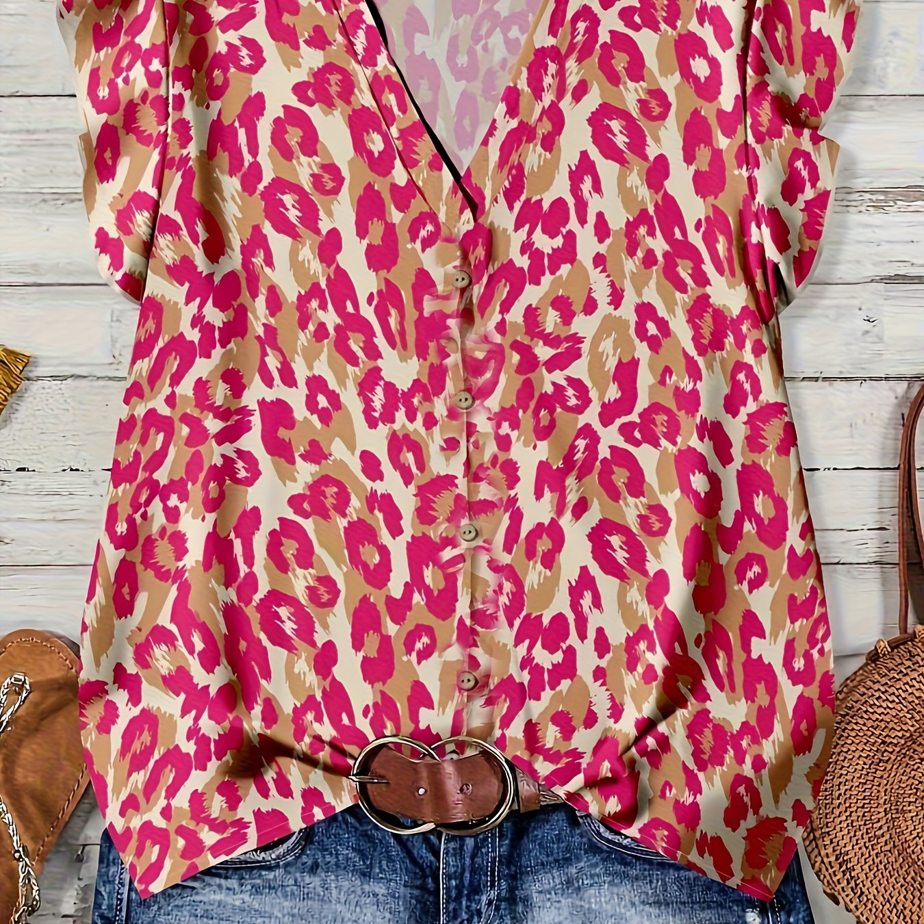 V-neck Petite Batwing Sleeve Leopard Print Women's Shirt