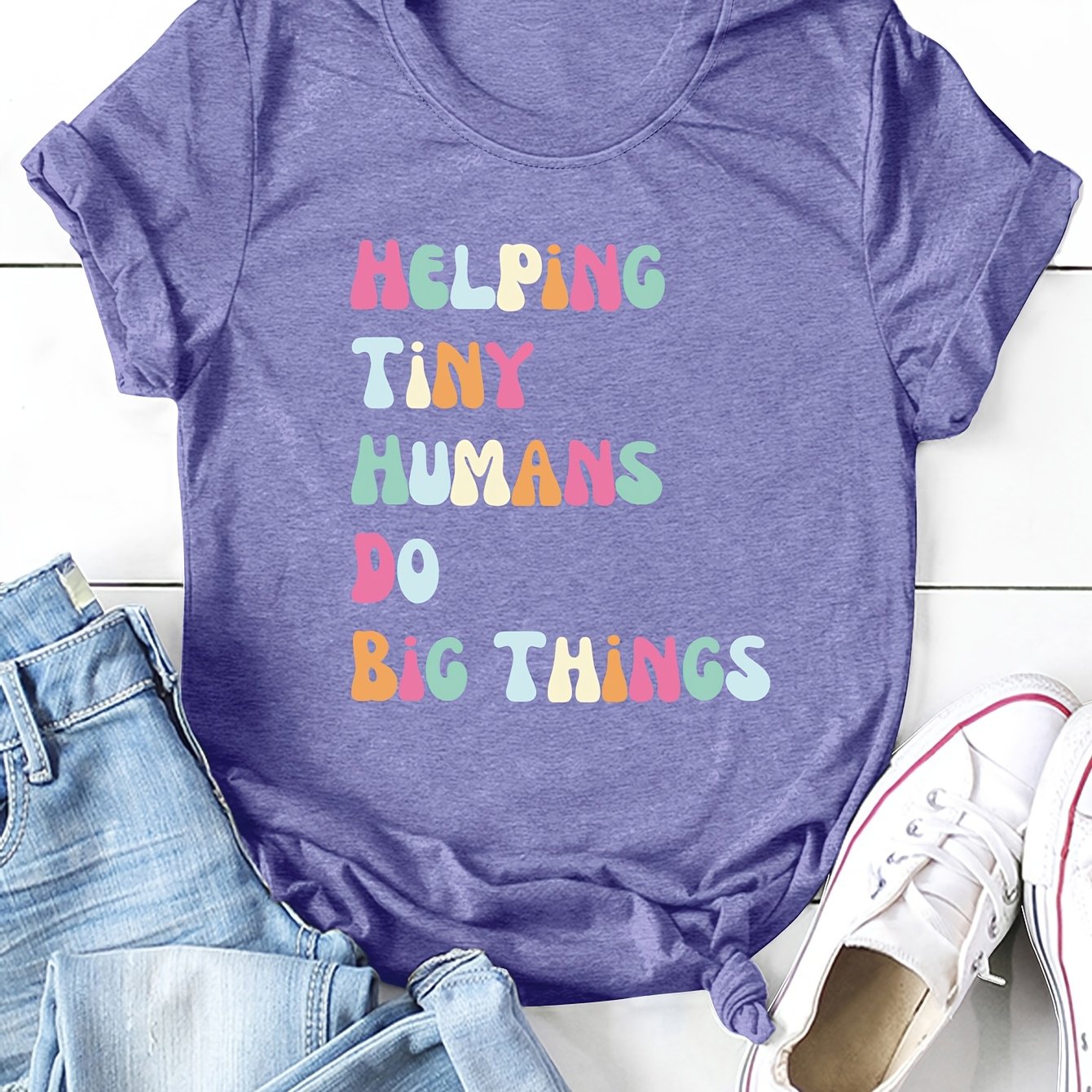 TEMU T-shirt décontracté en viscose pour femme avec impression graphique "Aidez humains à faire de grandes choses", col rond, manches courtes, haut