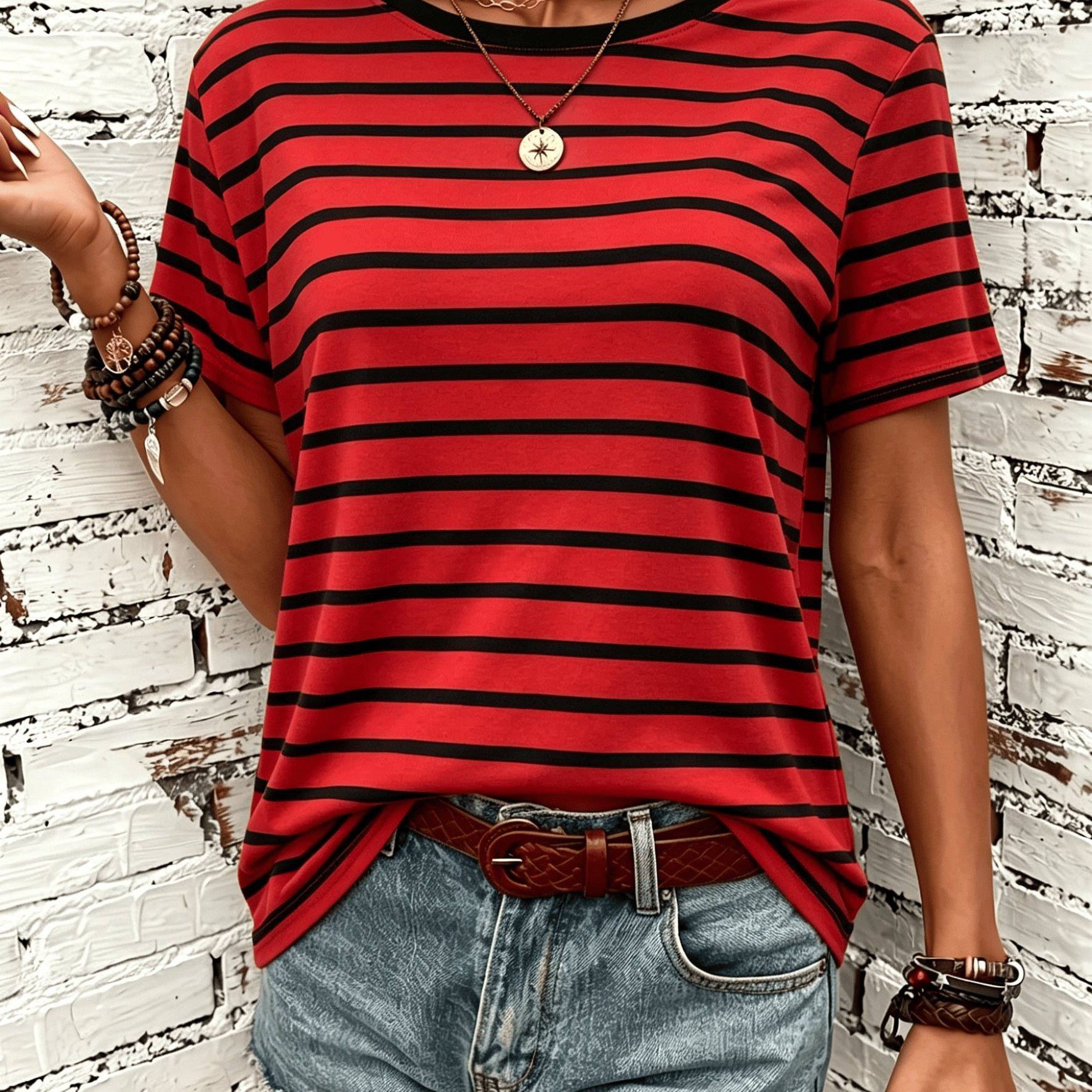 TEMU Women's Striped T-shirt, Summer Short Sleeve, Stretchy Fabric, Comfortable And Breathable, Loose Top
