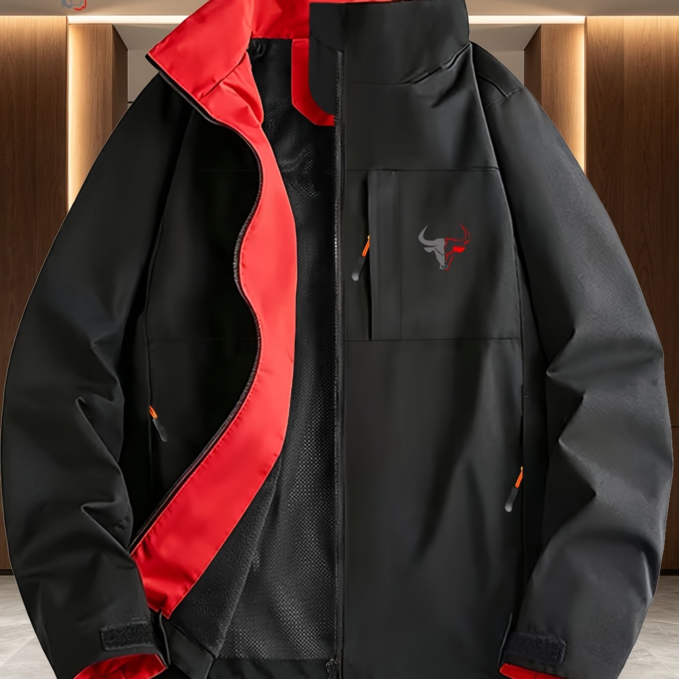 TEMU Gray- Head Pattern Contrast Lining Full Zip Stand Collar Windproof Jacket, Men Women Spring Autumn White Multi-pocket Outdoor Fleece Coat Winter
