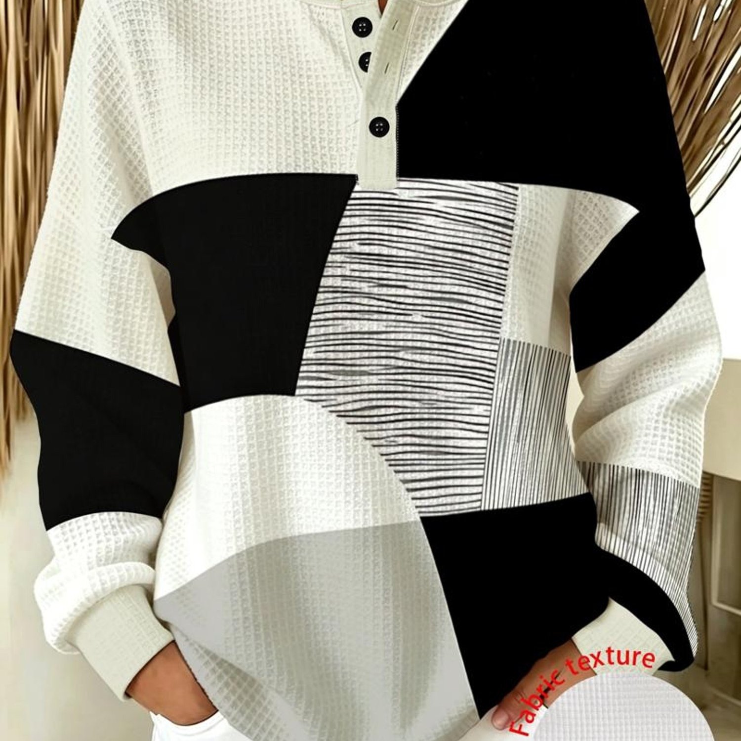 TEMU Plus Size, Plus-size Women's Fashion Sweatshirt, Mixed Colors, Multiple Sizes , Abstract Geometric Pattern In Black, White, And Gray, Style,