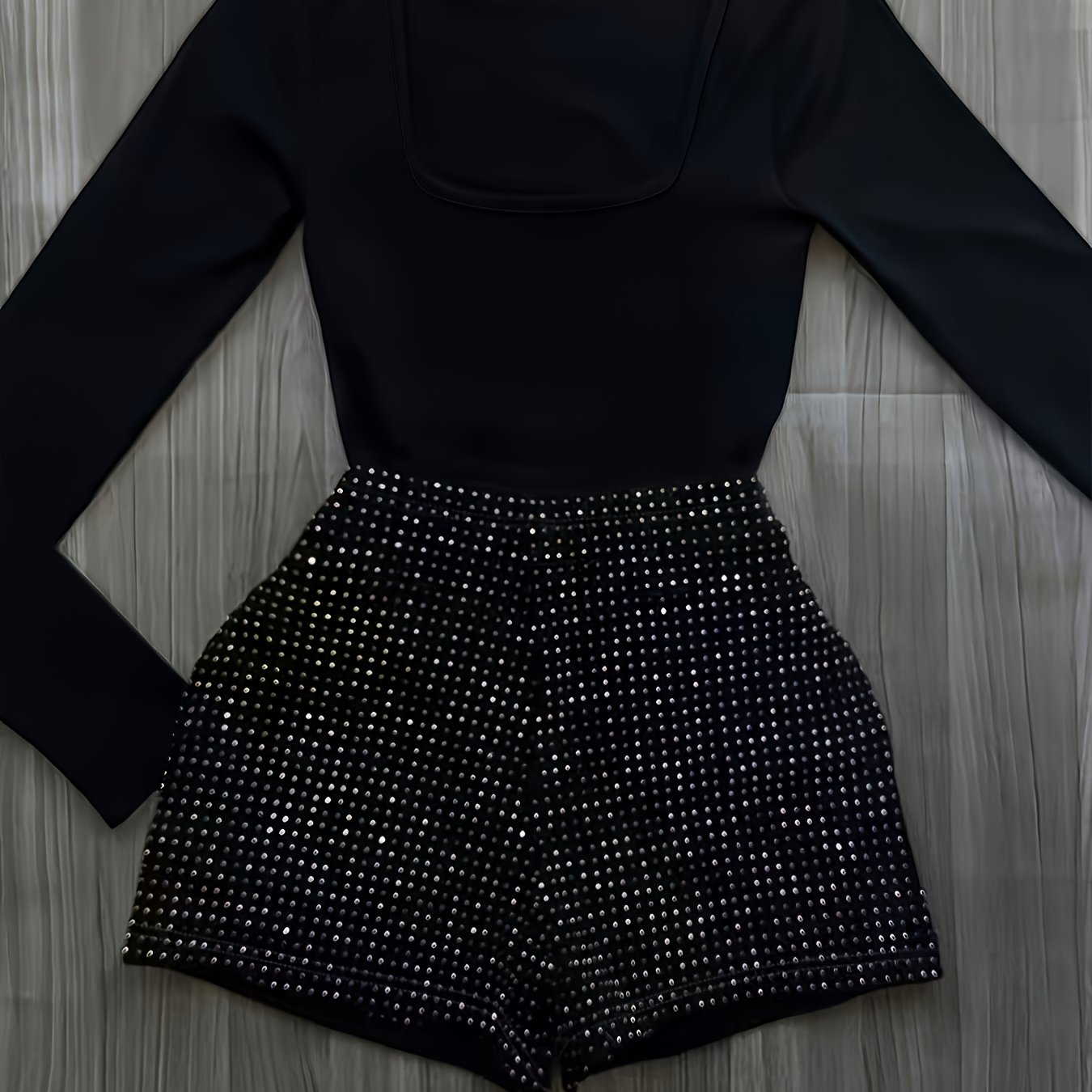 TEMU 2pcs Set: Long-sleeve Square-neck Top With Rhinestone-embellished Shorts