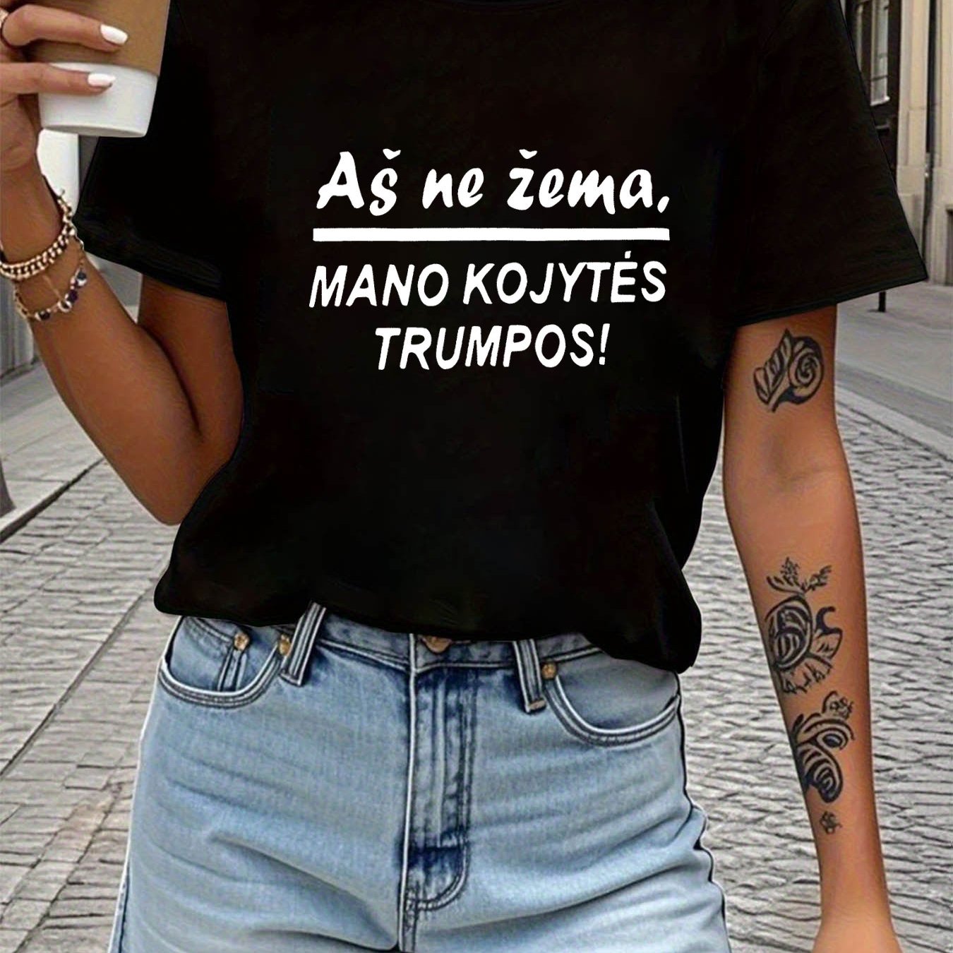 TEMU Lithuanian I Am Not Short My Legs Are Just Short Letter Print Women's T-shirt, Short Sleeve Crew Neck Casual Top For Summer & Spring, Women's