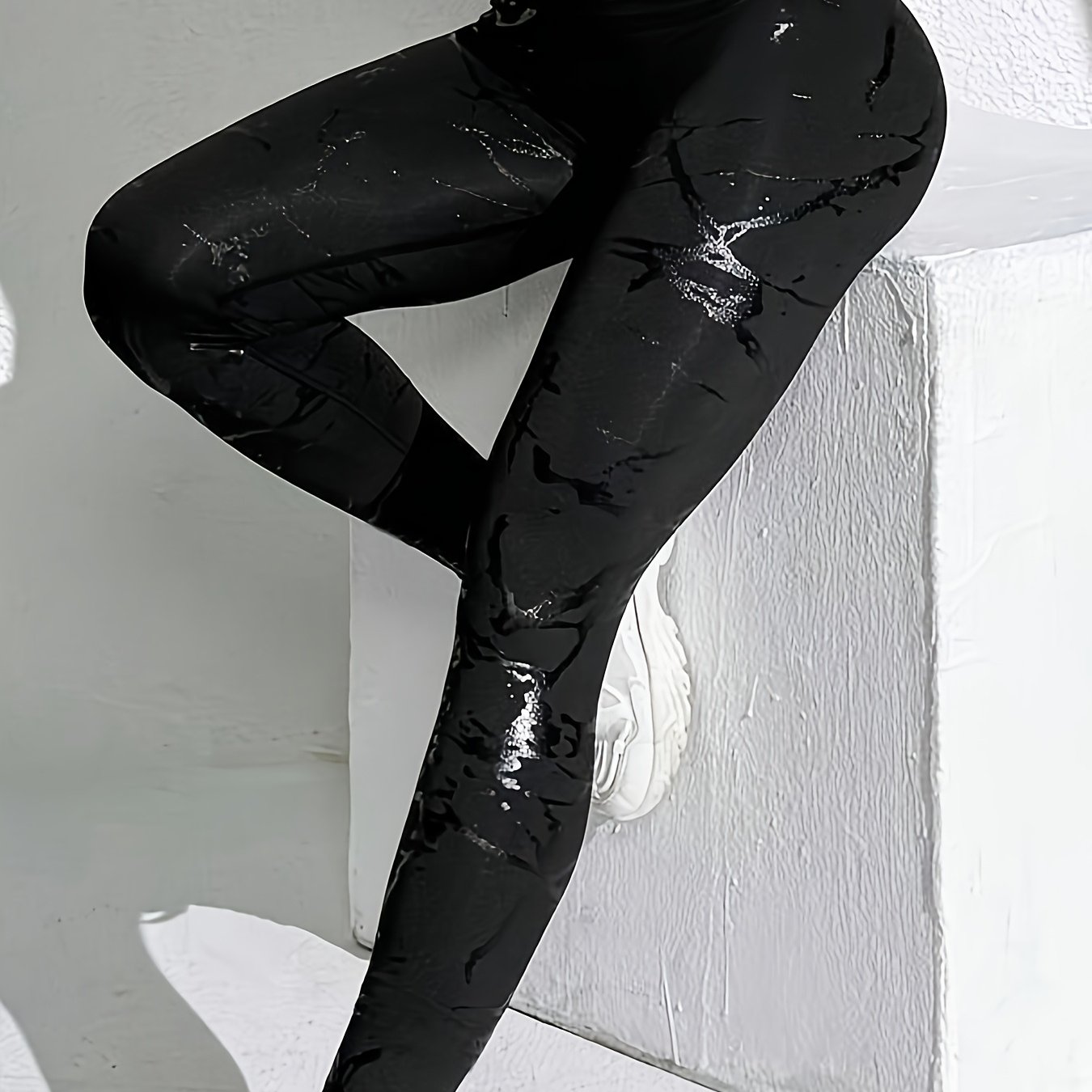 TEMU Women's High-waist Yoga Pants | Black With Black Hot Foil | Elastic Leggings, Suitable For Fitness And Casual Wear | | Fashionable, Opaque